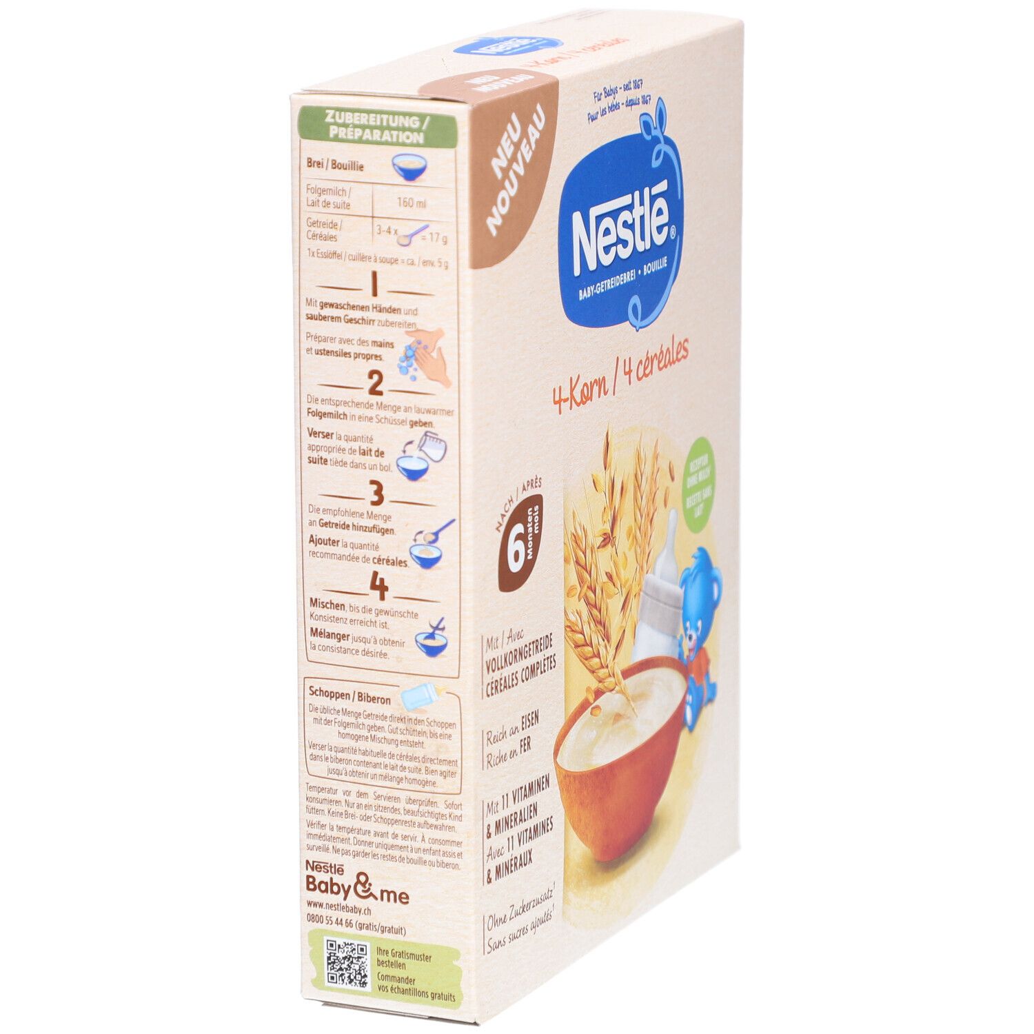 Boîte de NESTLÉ Baby 4-Korn-Brei. Côté avec instructions de préparation. Image du produit et logo.