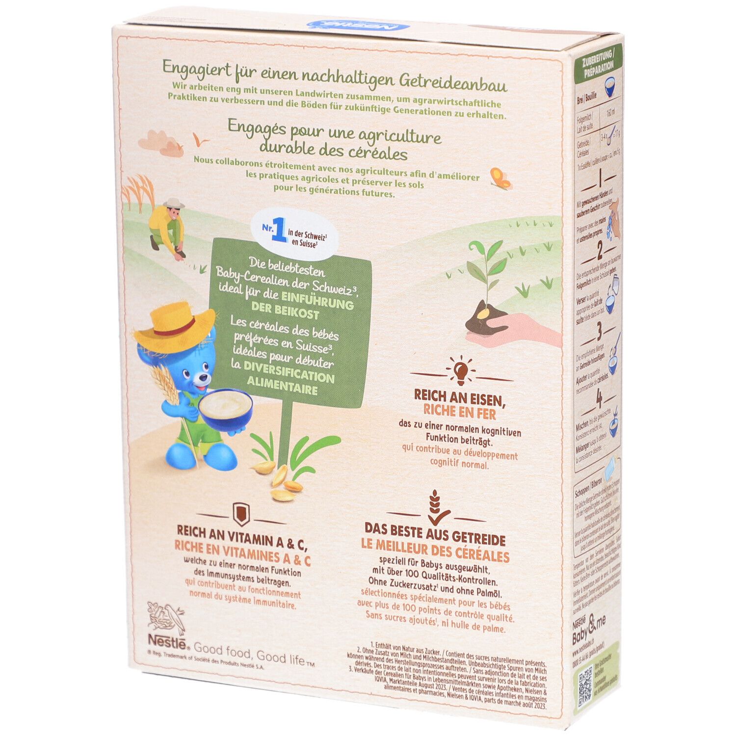 Dos de la boîte de NESTLÉ Baby 4-Korn-Brei. Texte et illustrations. Logo et informations.