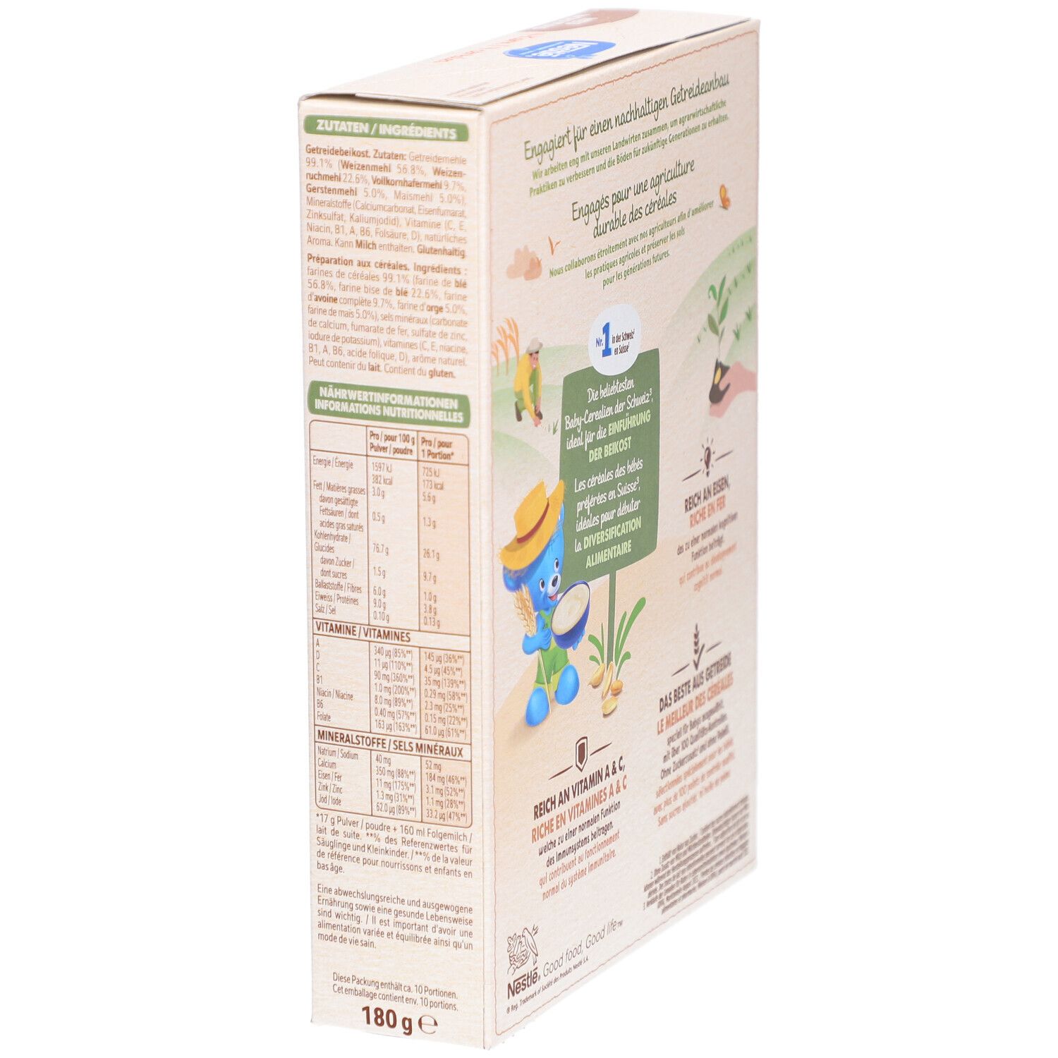Côté de la boîte de NESTLÉ Baby 4-Korn-Brei. Texte et informations nutritionnelles. Logo et informations.