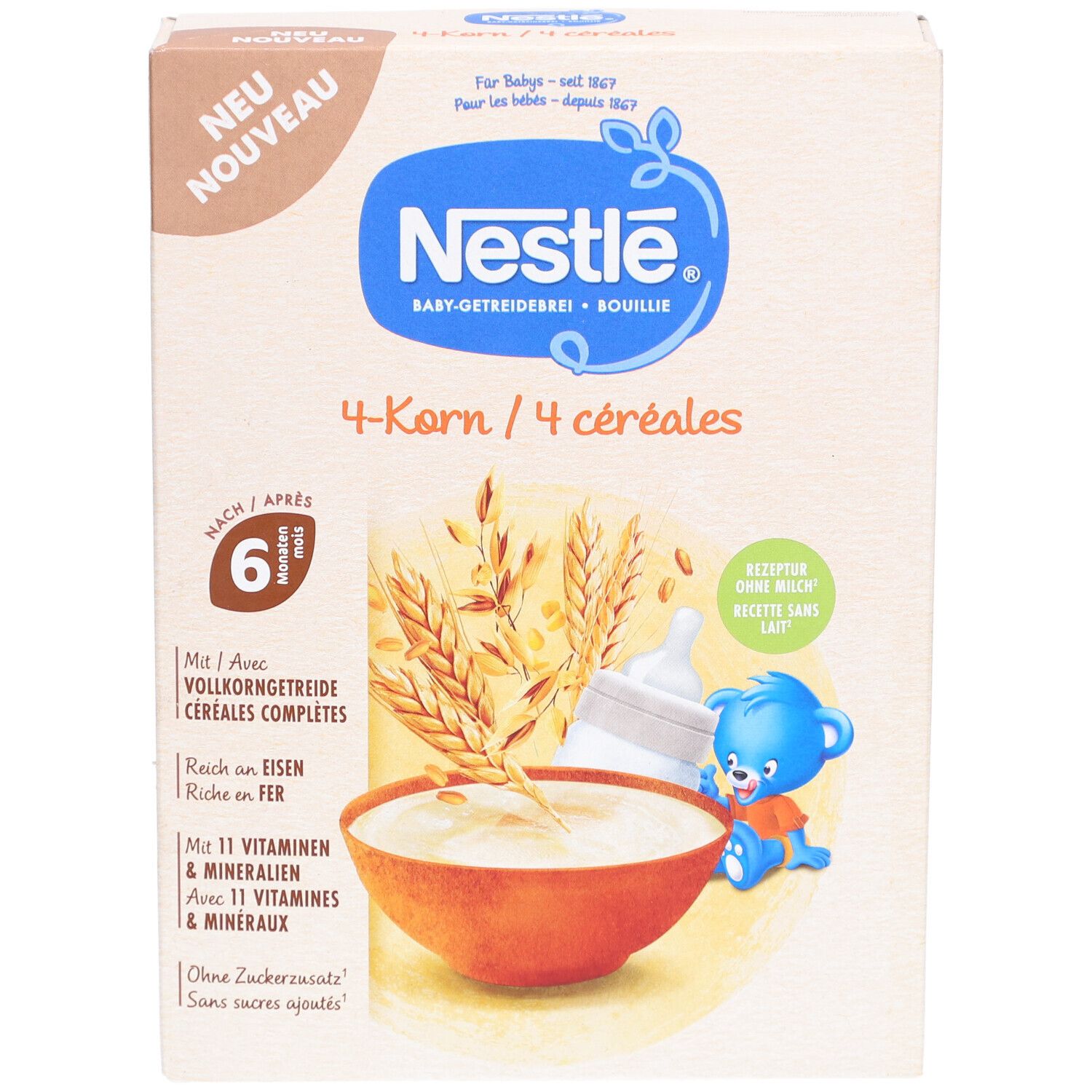 Boîte de NESTLÉ Baby 4-Korn-Brei. Inscription : 4-Korn, après 6 mois. Illustration de céréales, bouillie, biberon et ours en peluche.