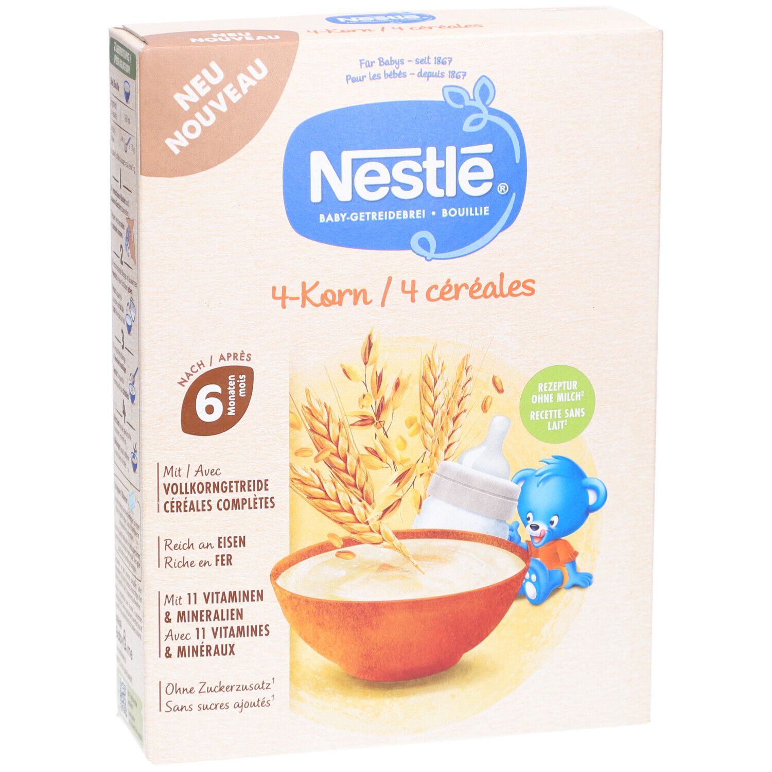 Boîte de NESTLÉ Baby 4-Korn-Brei. Inscription : 4-Korn, après 6 mois. Illustration de céréales, bouillie, biberon et ours en peluche.