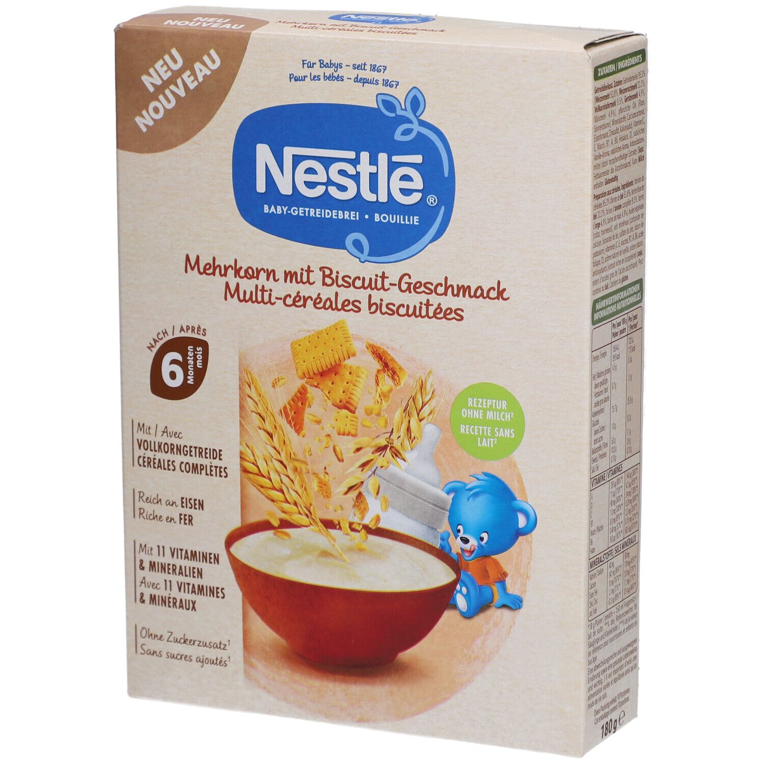 Verpackung von NESTLÉ Baby Brei Mehrkornschrot. Aufdrucke: Mehrkorn mit Biscuit-Geschmack, nach 6 Monaten, 11 Vitamine & Mineralien.