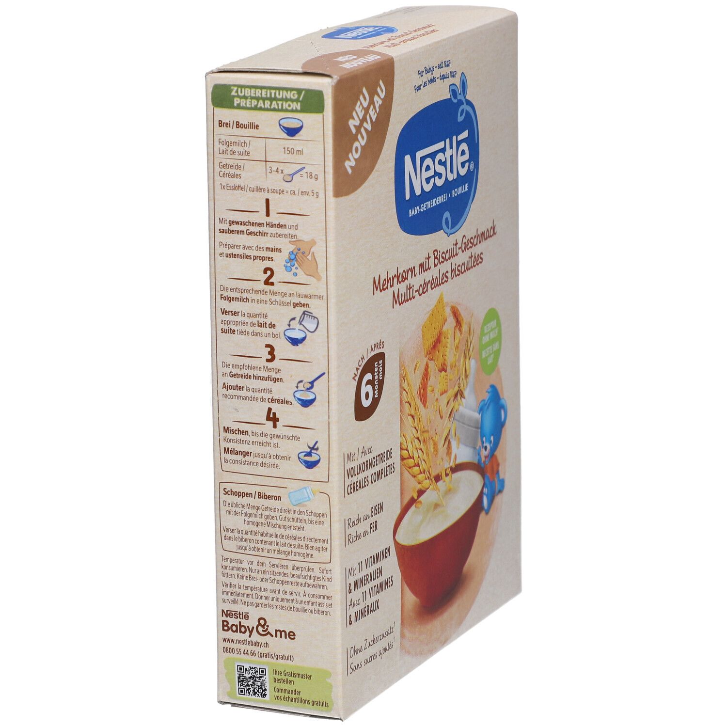 Seitenansicht der Verpackung von NESTLÉ Baby Brei Mehrkornschrot. Zeigt Zubereitungshinweise und Produktinformationen.