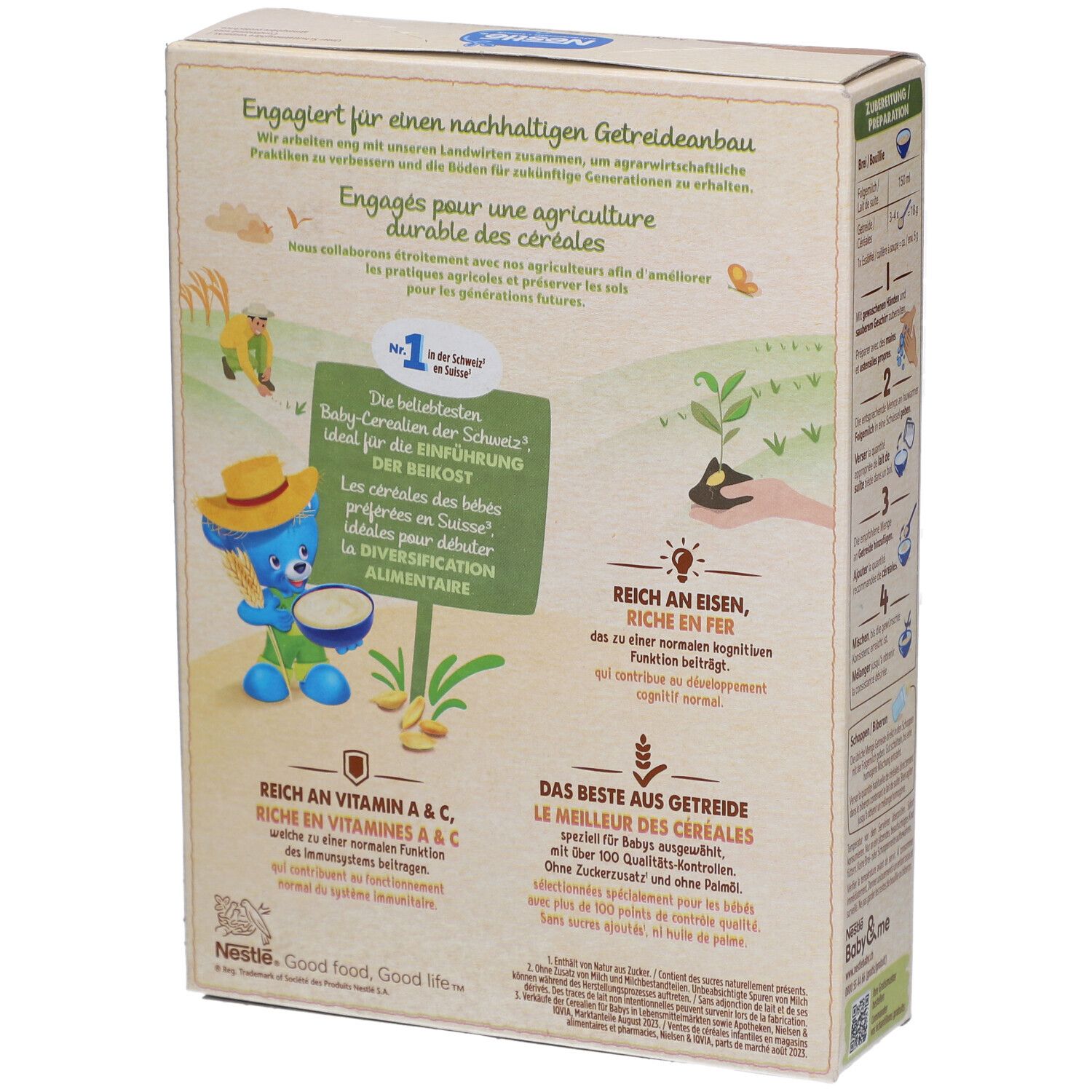 Rückseite der Verpackung von NESTLÉ Baby Brei Mehrkornschrot. Text über nachhaltigen Getreideanbau und Nährwertangaben.