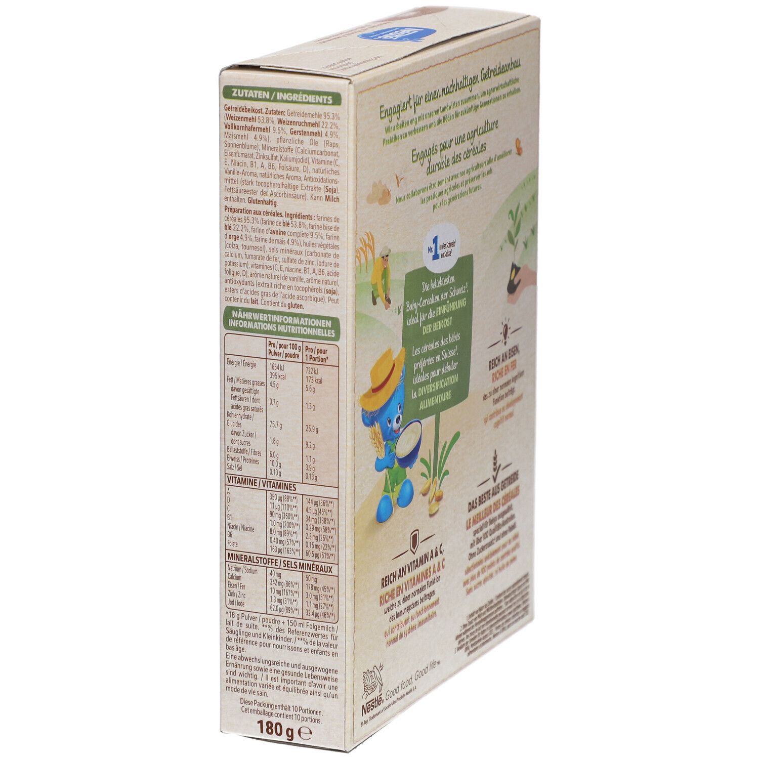 Seitenansicht der Verpackung von NESTLÉ Baby Brei Mehrkornschrot. Zeigt Nährwertangaben und Produktinformationen.