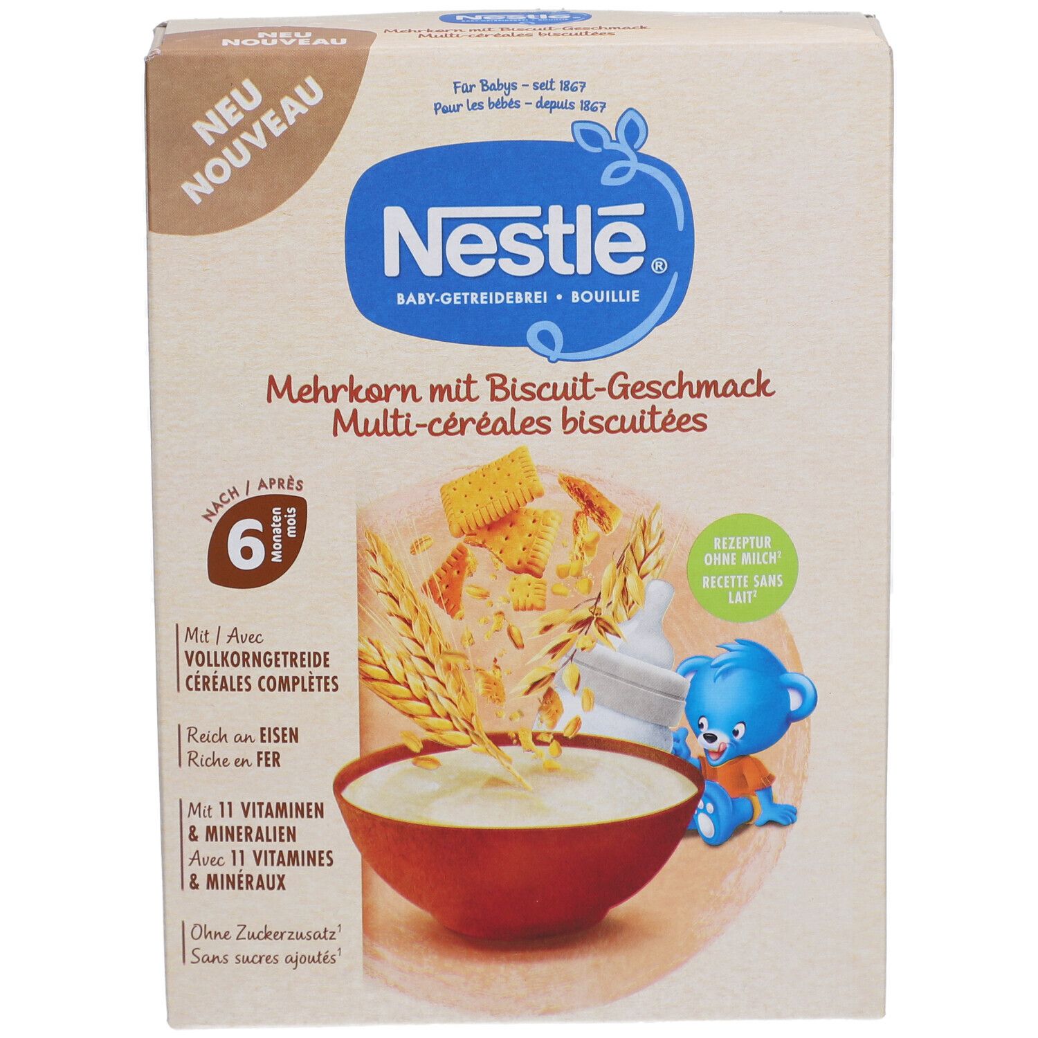 Vorderansicht der Verpackung von NESTLÉ Baby Brei Mehrkornschrot. Zeigt Produktabbildung und Informationen.