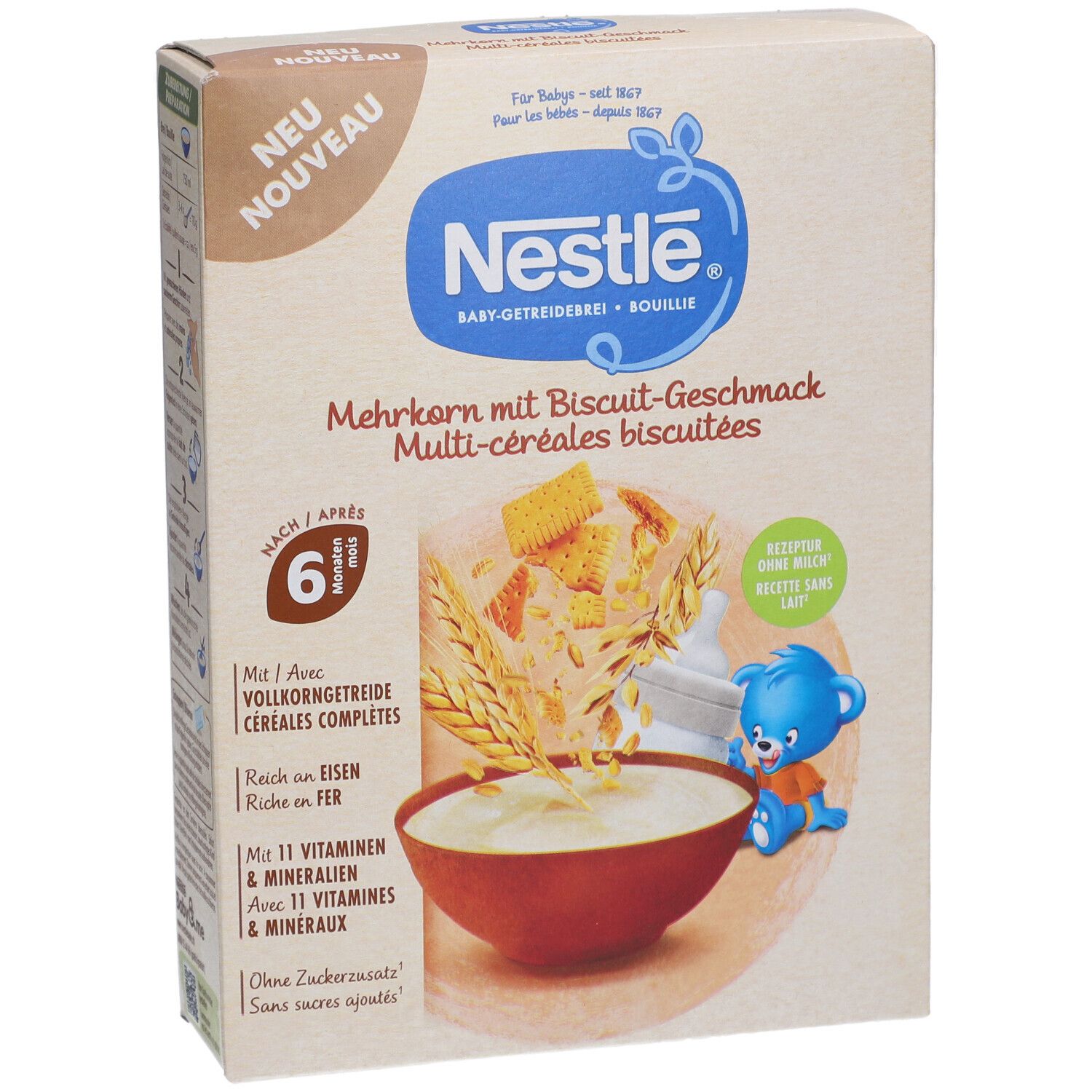 Vorderansicht der Verpackung von NESTLÉ Baby Brei Mehrkornschrot. Zeigt Produktabbildung und Informationen.