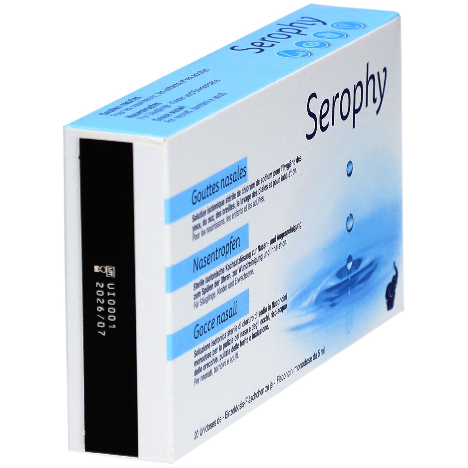 Seitenansicht der "Serophy" Nasentropfen-Verpackung. Blaue und weiße Schachtel mit Produktinformationen und einem schwarzen Feld.