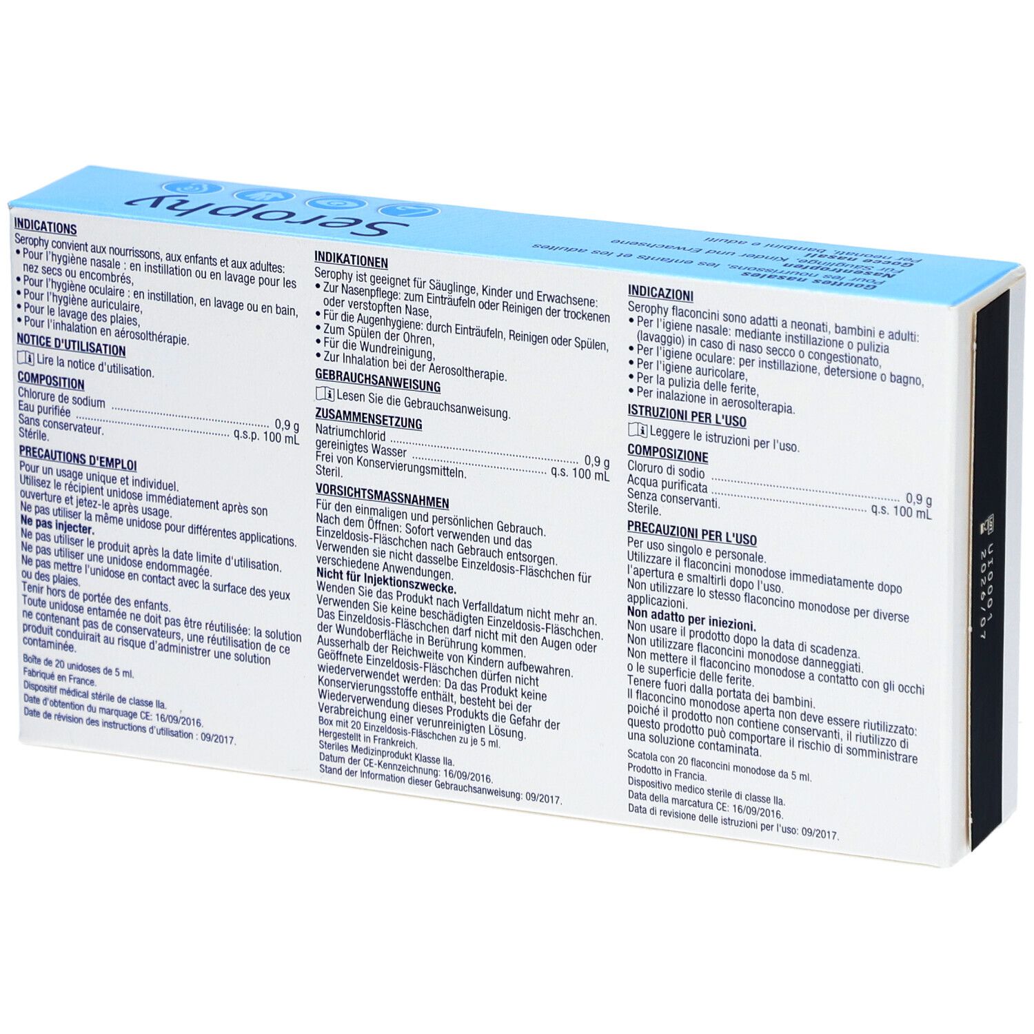 Rückseite der "Serophy" Nasentropfen-Verpackung. Text in mehreren Sprachen, einschließlich Anweisungen und Inhaltsstoffe.