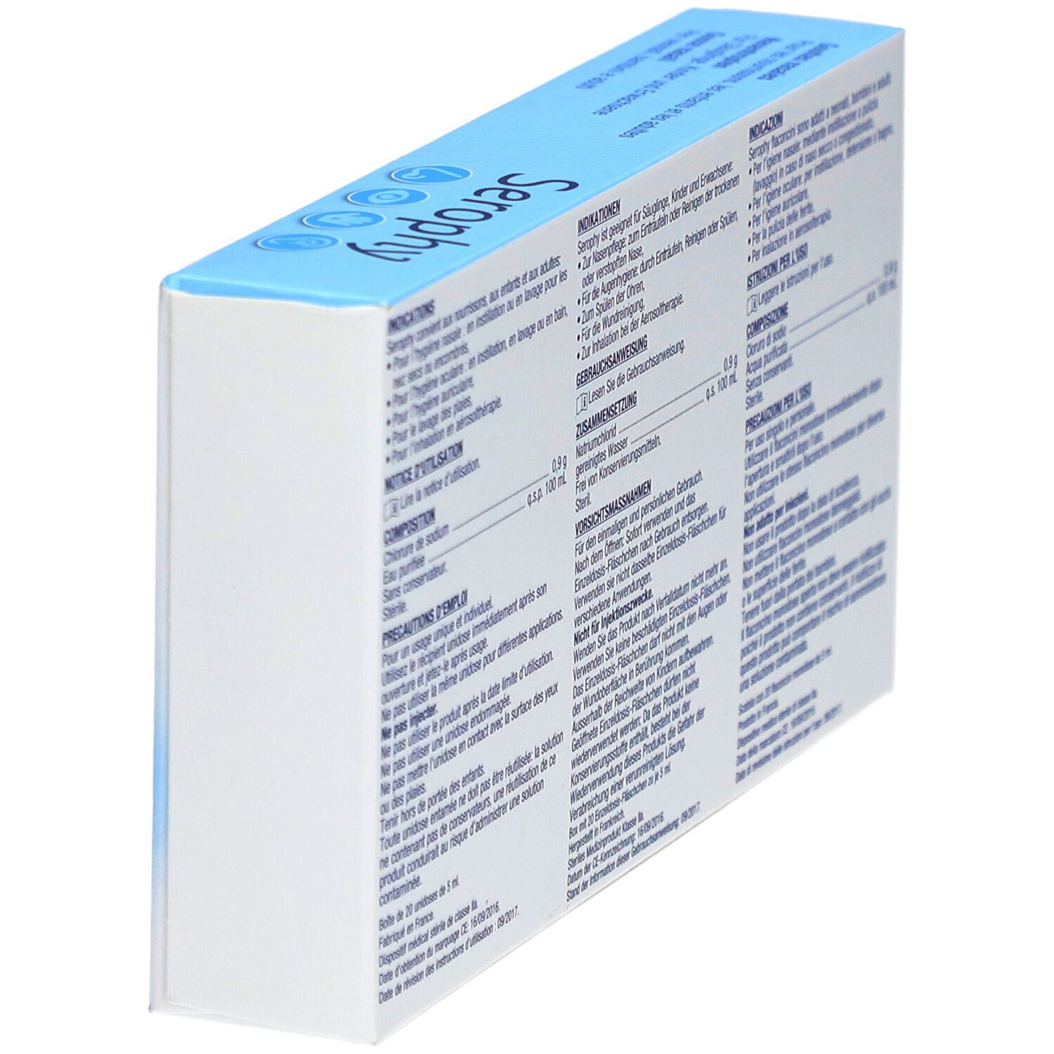 Seitenansicht der "Serophy" Nasentropfen-Verpackung. Text in mehreren Sprachen, einschließlich Anweisungen und Inhaltsstoffe.