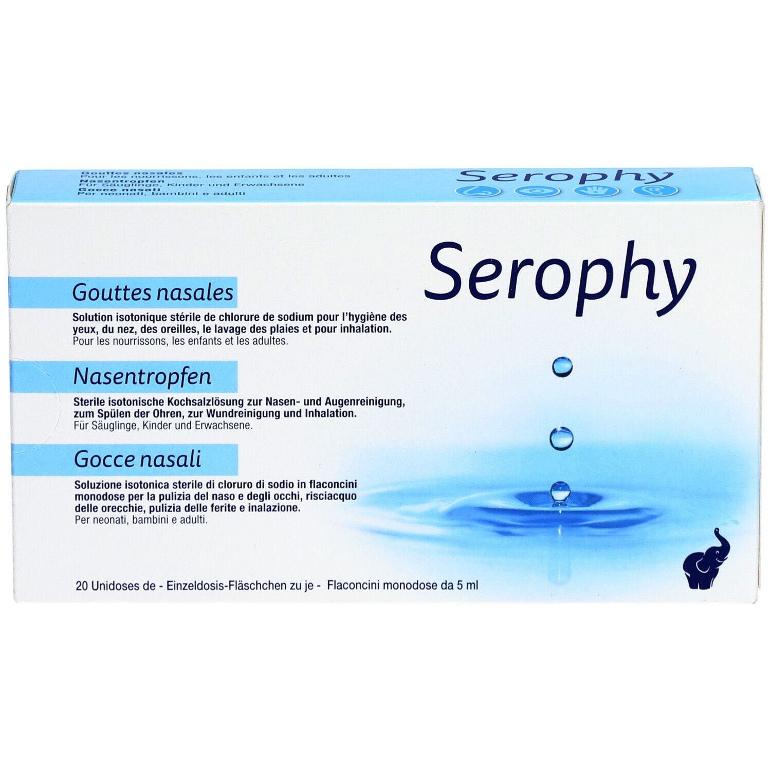 Karton mit "Serophy" Nasentropfen. Blaue und weiße Verpackung mit Produktnamen und Tropfen-Illustration.