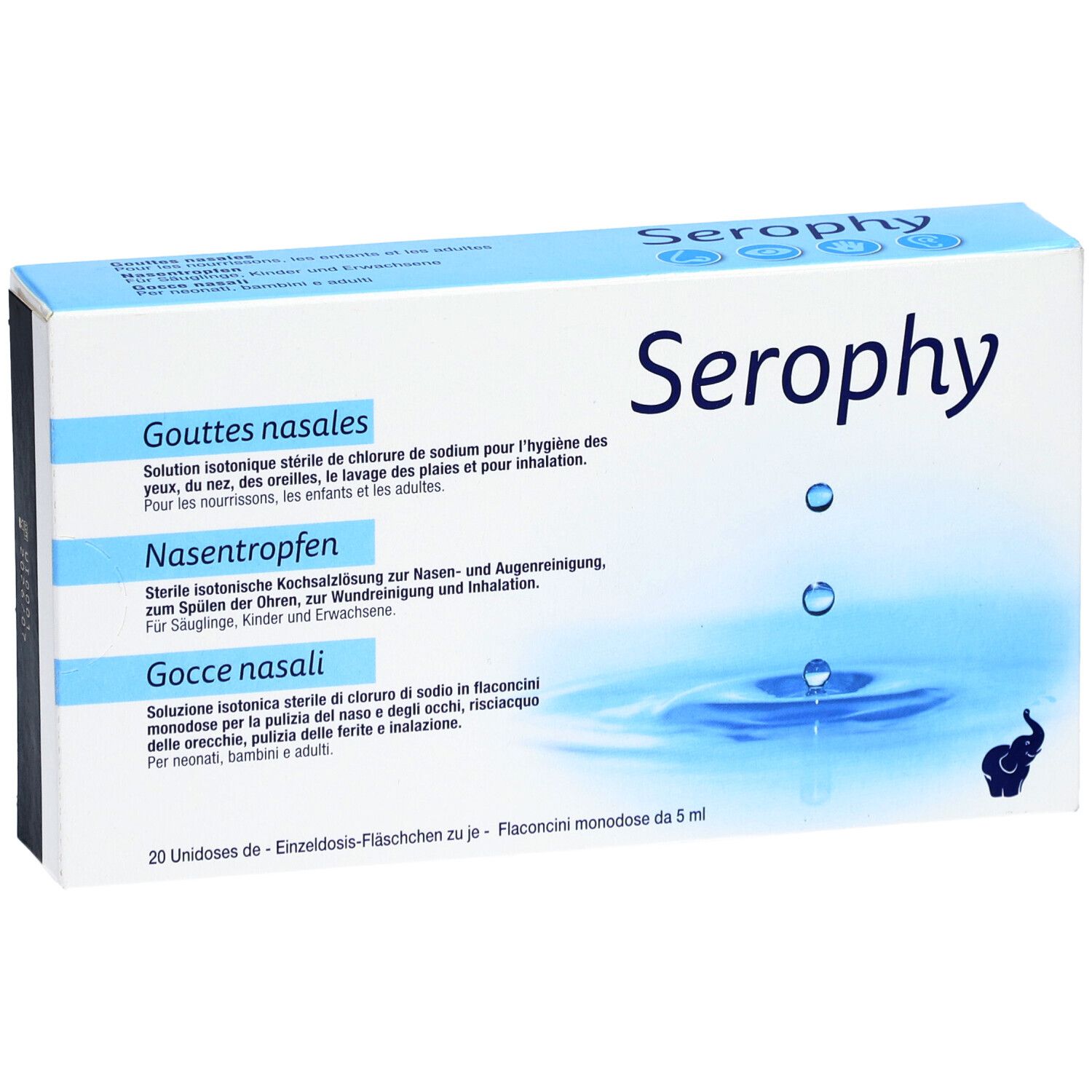 Karton mit "Serophy" Nasentropfen. Blaue und weiße Verpackung mit Produktnamen und Tropfen-Illustration.