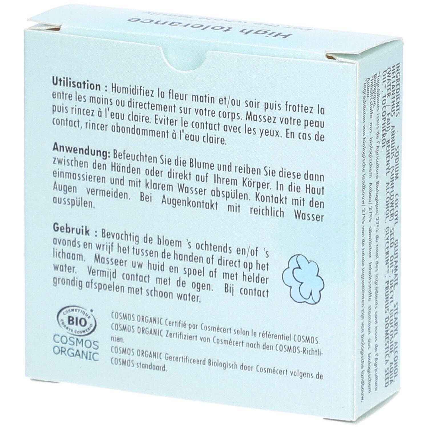 Boîte bleu clair avec nom et logo du produit. Texte: PAIN LAVANT DERMATOLOGIQUE VISAGE & CORPS. Mode d'emploi au dos.