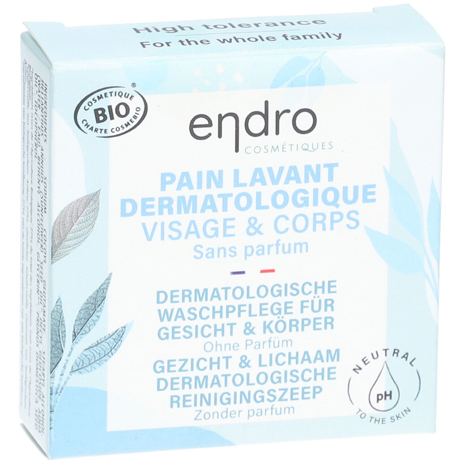 Boîte bleu clair avec nom et logo du produit. Texte: PAIN LAVANT DERMATOLOGIQUE VISAGE & CORPS. Sans parfum. pH neutre.