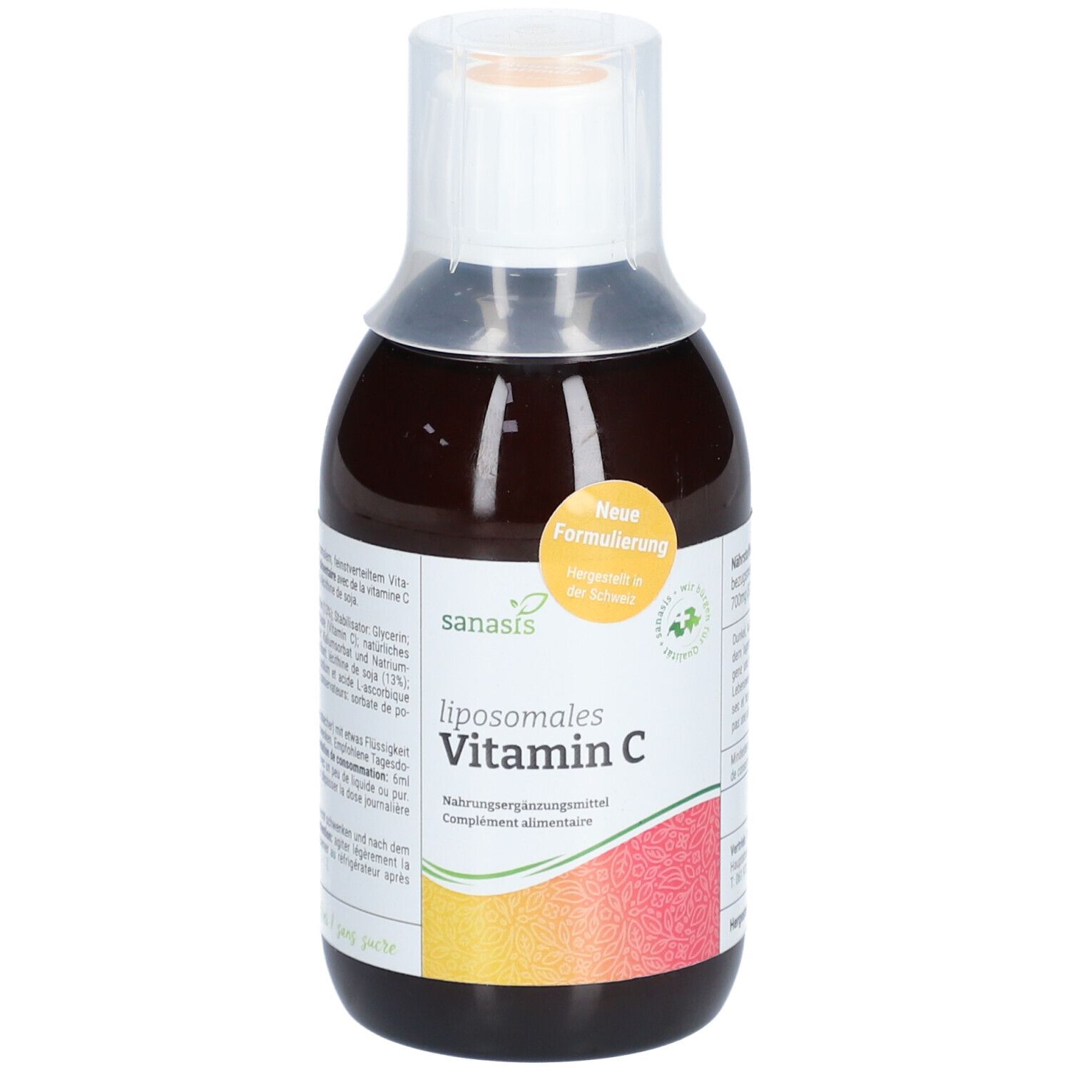 Braune Flasche mit weißem Verschluss. Aufschrift: sanasis liposomales Vitamin C. Neue Formulierung.