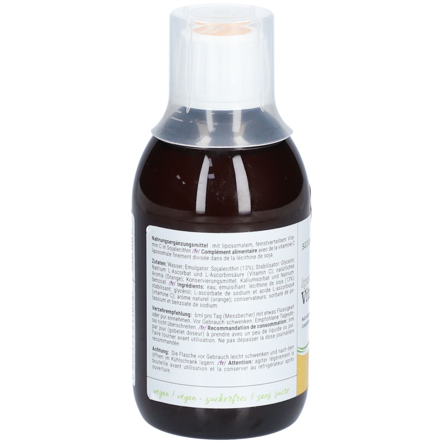 Rückseite der braunen Flasche mit weißem Verschluss. Text: Inhaltsstoffe, Verzehrempfehlung, Hinweise. Vegan, zuckerfrei.