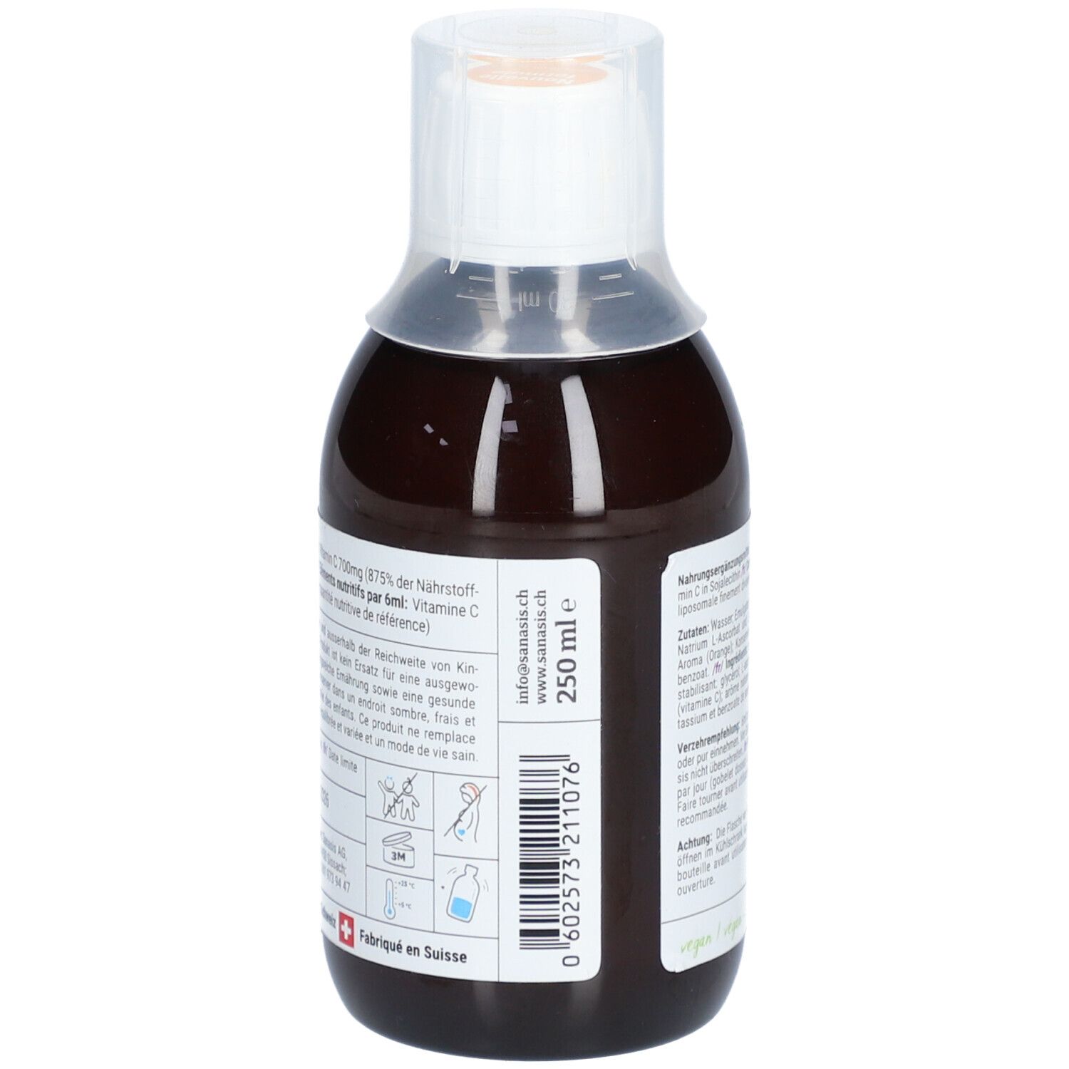 Rückseite der braunen Flasche mit weißem Verschluss. Text: 250 ml, Nährwertangaben, Hergestellt in der Schweiz.