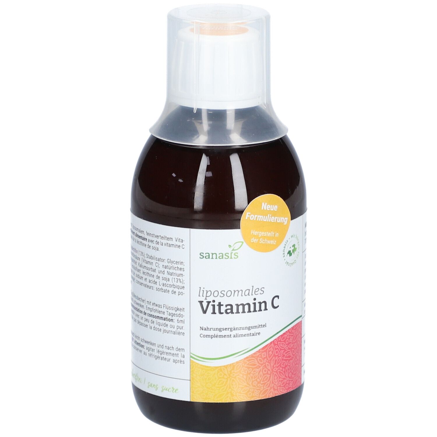 Braune Flasche mit weißem Verschluss. Aufschrift: sanasis liposomales Vitamin C. Neue Formulierung.