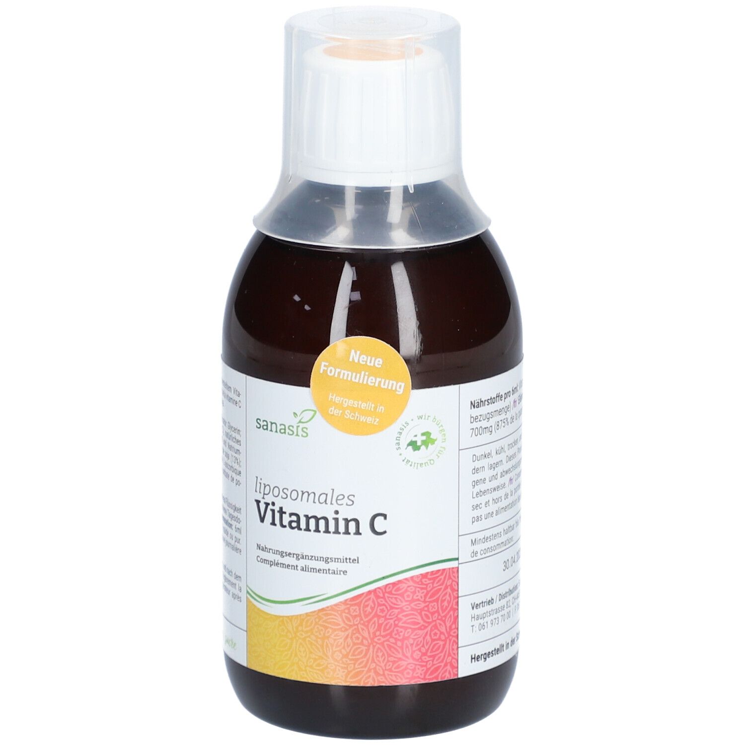 Braune Flasche mit weißem Verschluss. Aufschrift: sanasis liposomales Vitamin C. Neue Formulierung.