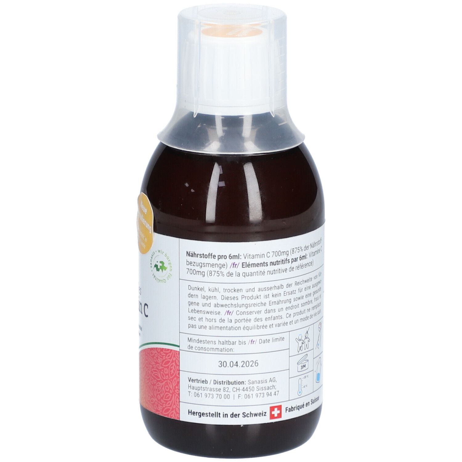 Rückseite der braunen Flasche mit weißem Verschluss. Text: Nährwertangaben, Mindestens haltbar bis, Hergestellt in der Schweiz.