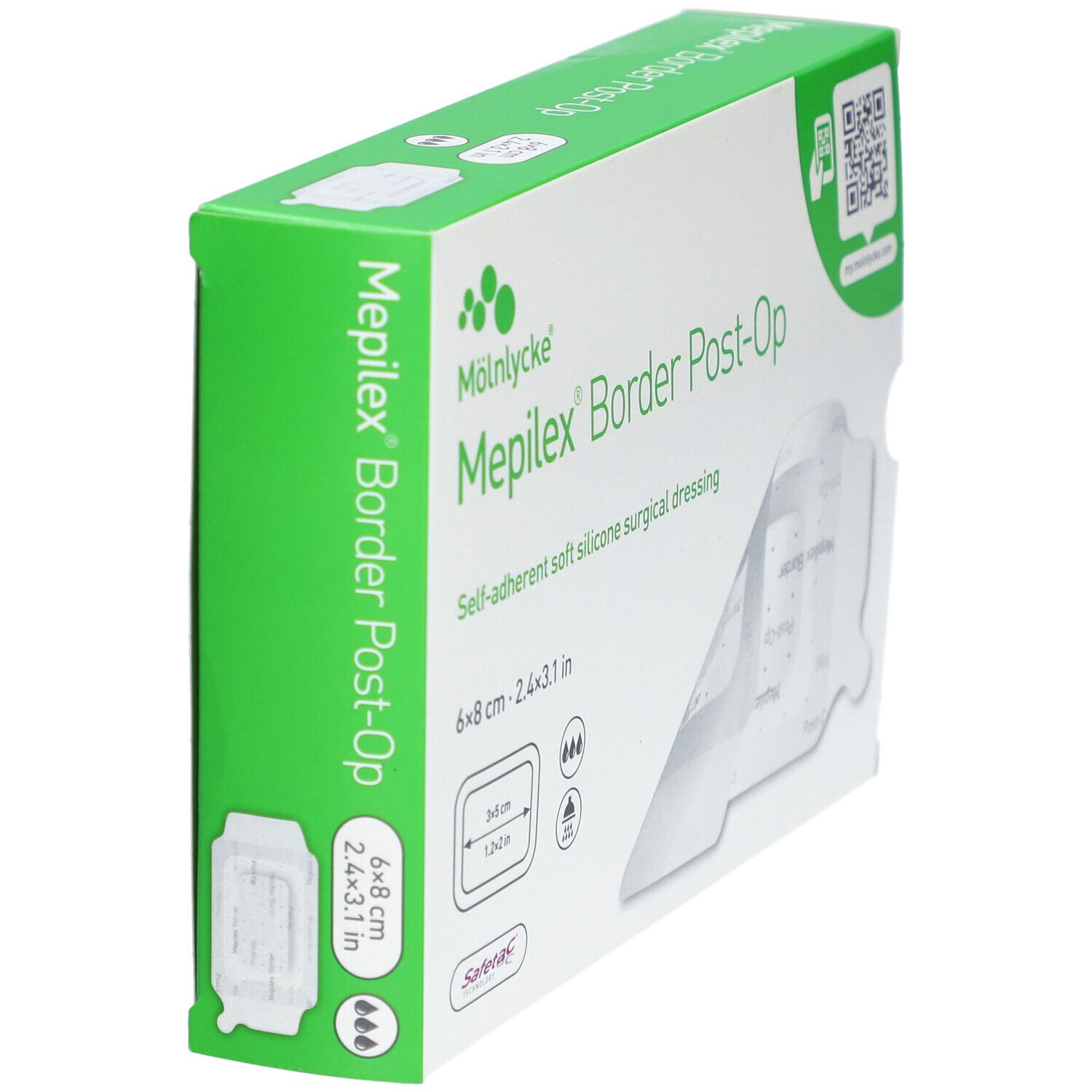 Emballage vert Mepilex Border Post-Op. Pansement visible. Inscription : Pansement chirurgical souple auto-adhésif en silicone. Taille : 6x8 cm.