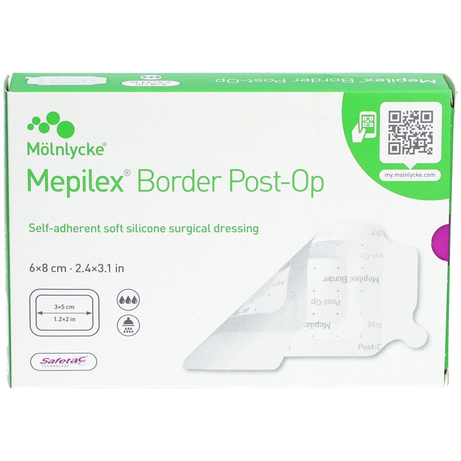 Emballage Mepilex Border Post-Op. Pansement 6x8 cm visible. Inscription : Pansement chirurgical souple auto-adhésif en silicone.