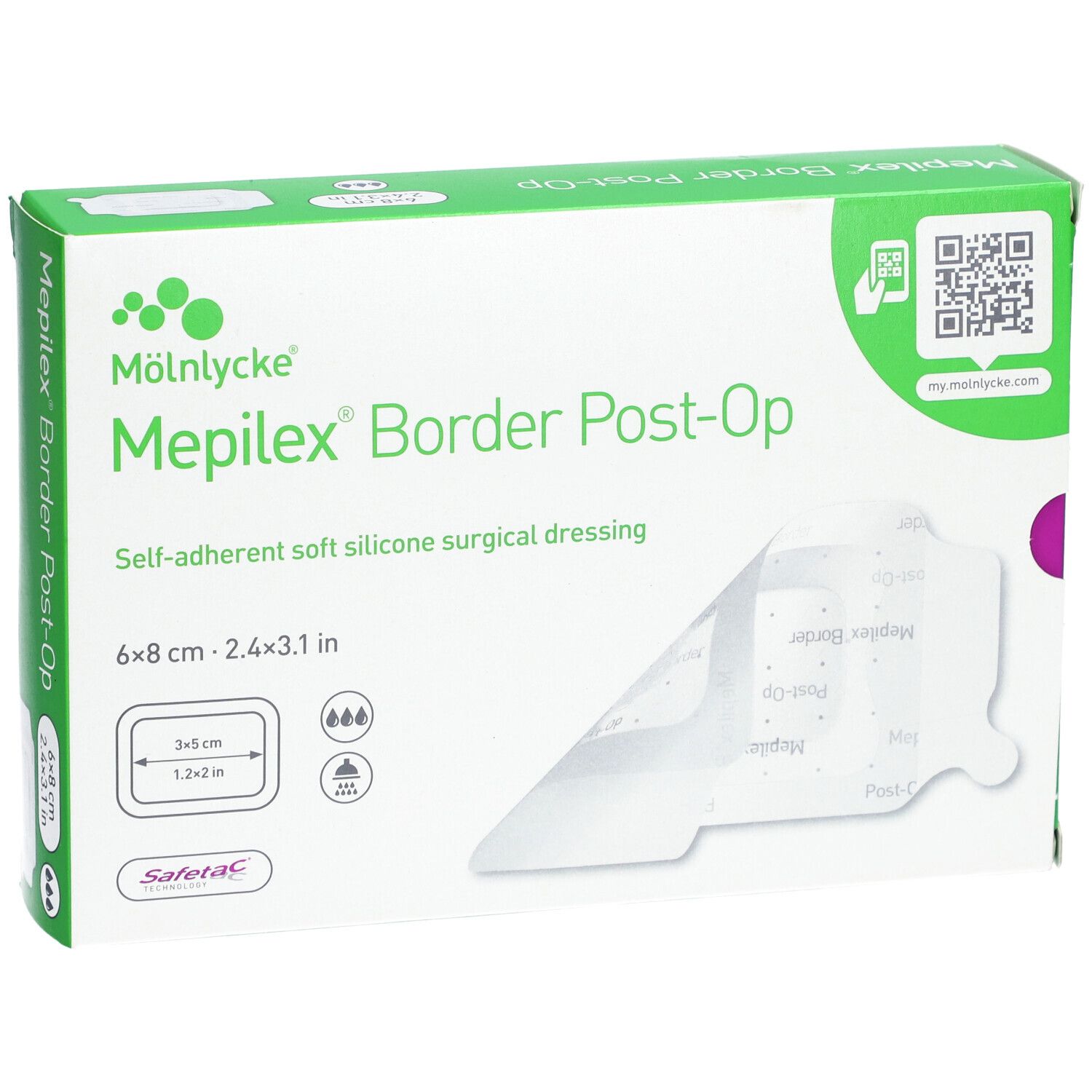 Emballage Mepilex Border Post-Op. Pansement 6x8 cm visible. Inscription : Pansement chirurgical souple auto-adhésif en silicone.