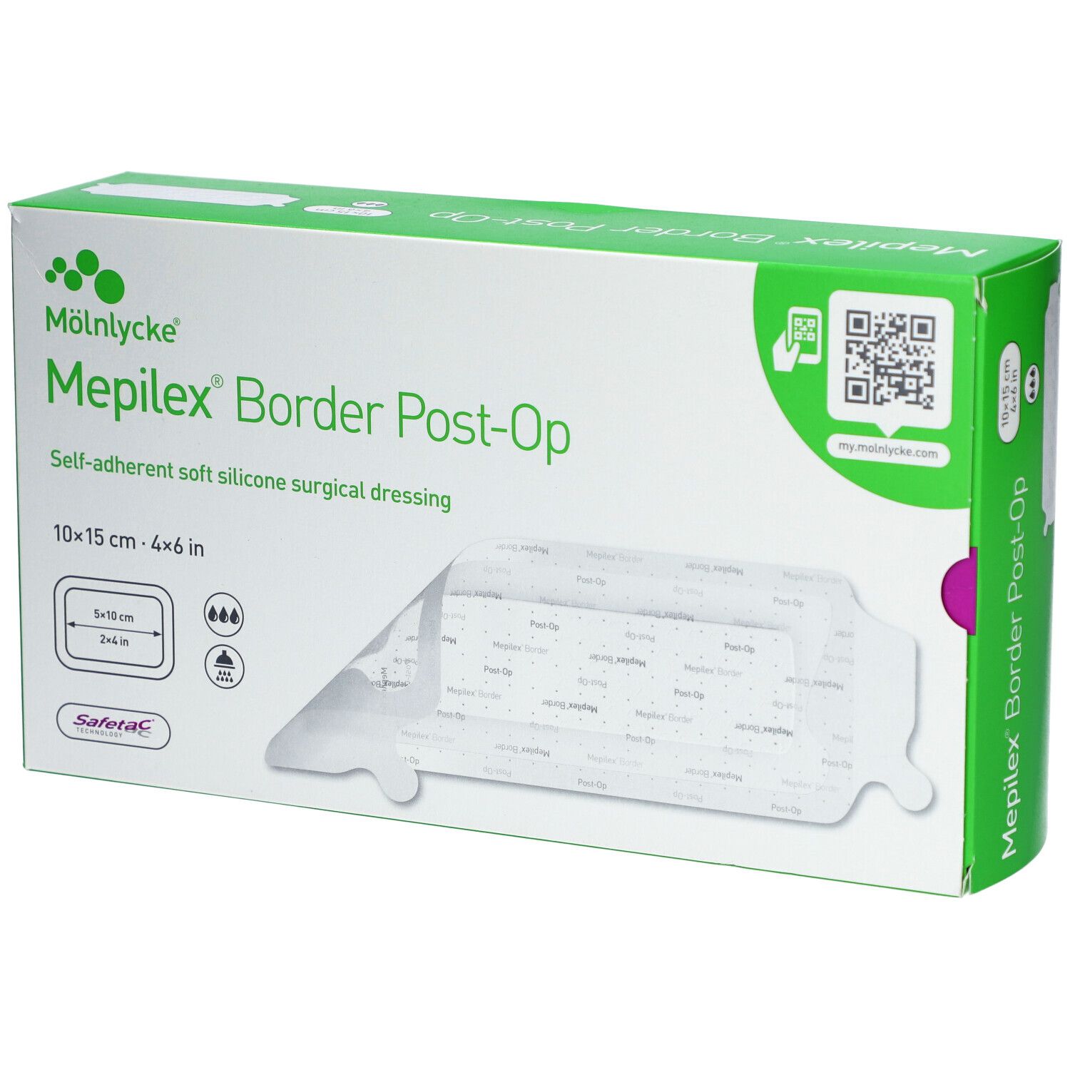 Verpackung von Mepilex Border Post-Op Wundverband. Größe 10x15 cm. Grün-weiße Schachtel mit Produktabbildung und Logos.