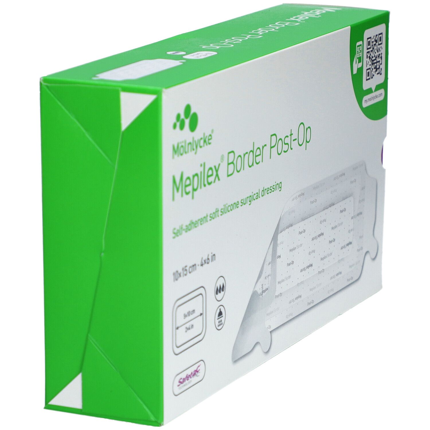 Grüne Verpackung von Mepilex Border Post-Op. Produktname und Logo deutlich sichtbar. Abgebildet ist ein Wundverband.