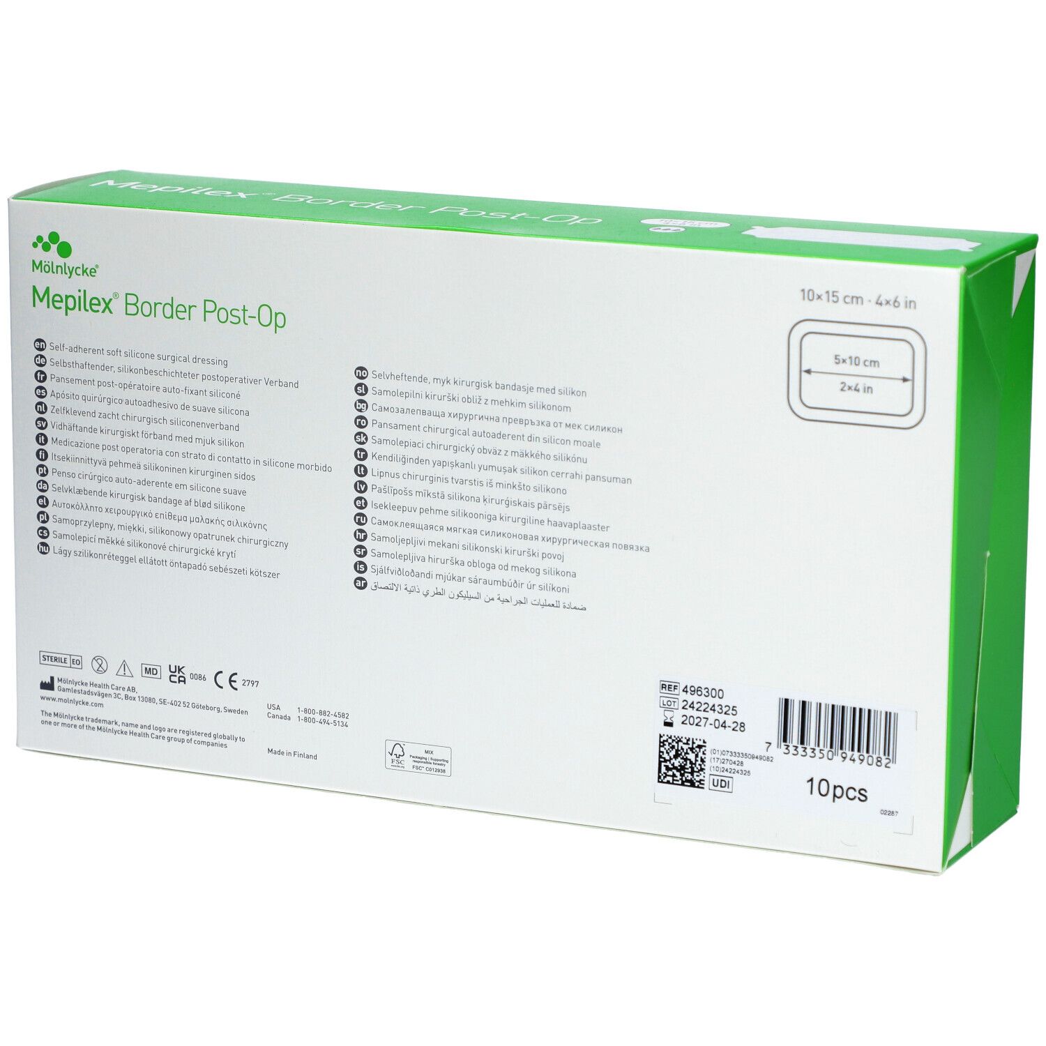 Rückseite der Mepilex Border Post-Op Verpackung. Enthält Produktinformationen, Größenangabe 10x15 cm und 10 Stück.