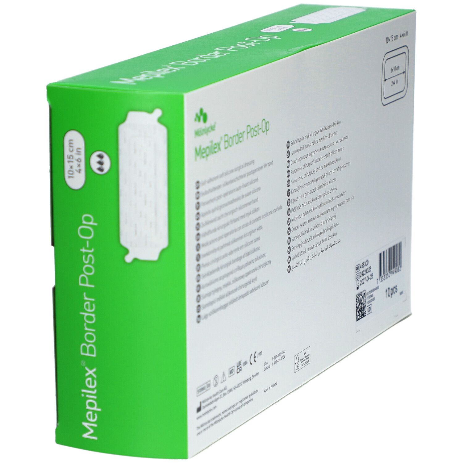Verpackung von Mepilex Border Post-Op. Produktname und Größenangabe 10x15 cm. Rückseite mit Produktinformationen.