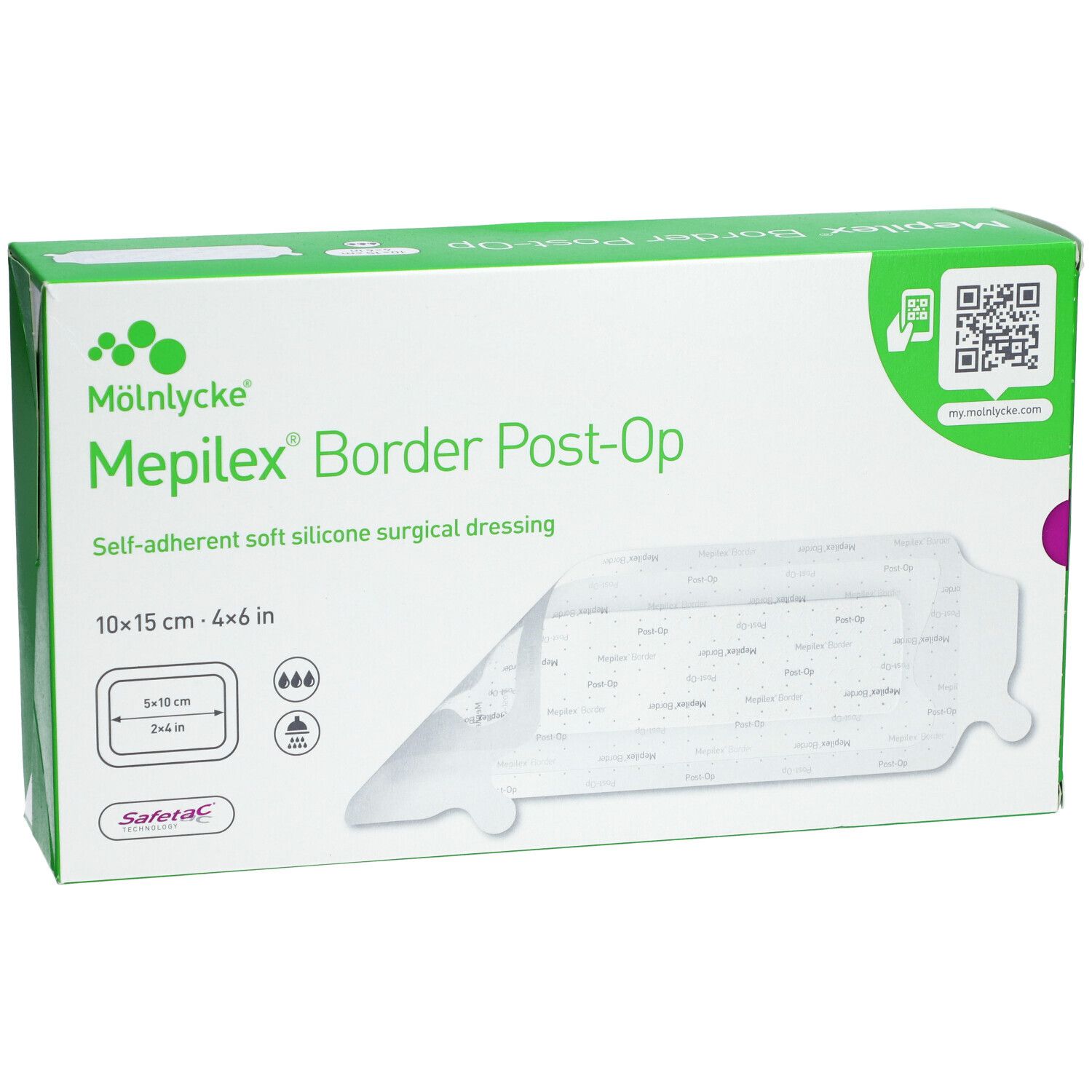 Verpackung von Mepilex Border Post-Op Wundverband. Grün-weiße Schachtel mit Produktabbildung und Logos. Größe 10x15 cm.