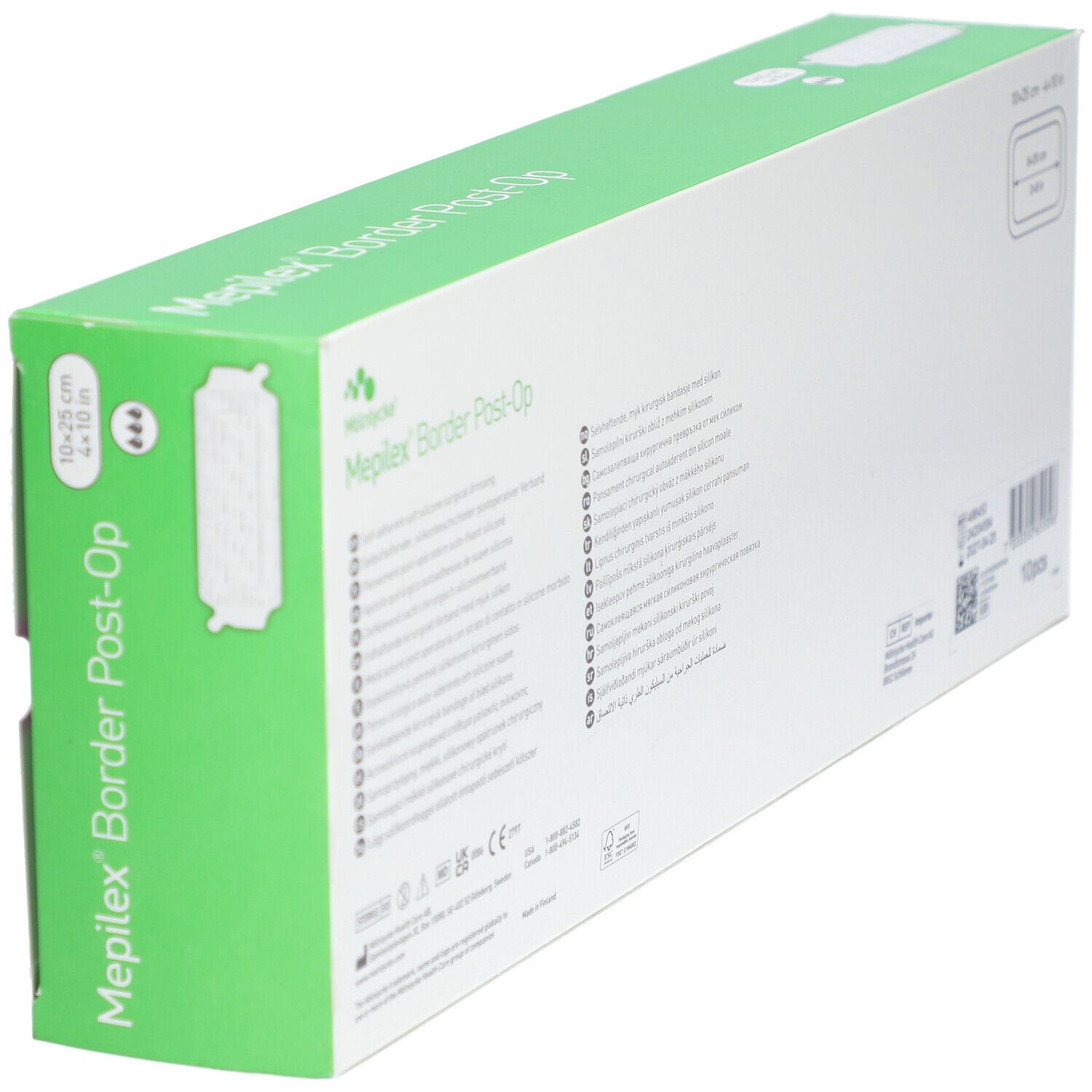 Dos de l'emballage Mepilex® Border Post-Op. Boîte blanche et verte avec informations et code QR. Dimensions : 10x25 cm.