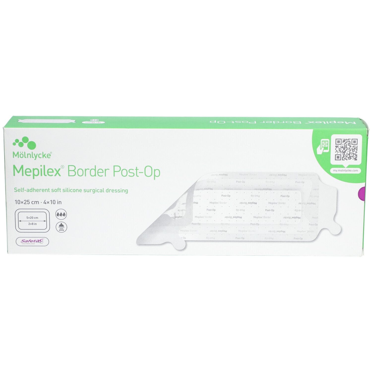 Emballage Mepilex® Border Post-Op. Boîte blanche et verte avec vue du produit. Dimensions : 10x25 cm.