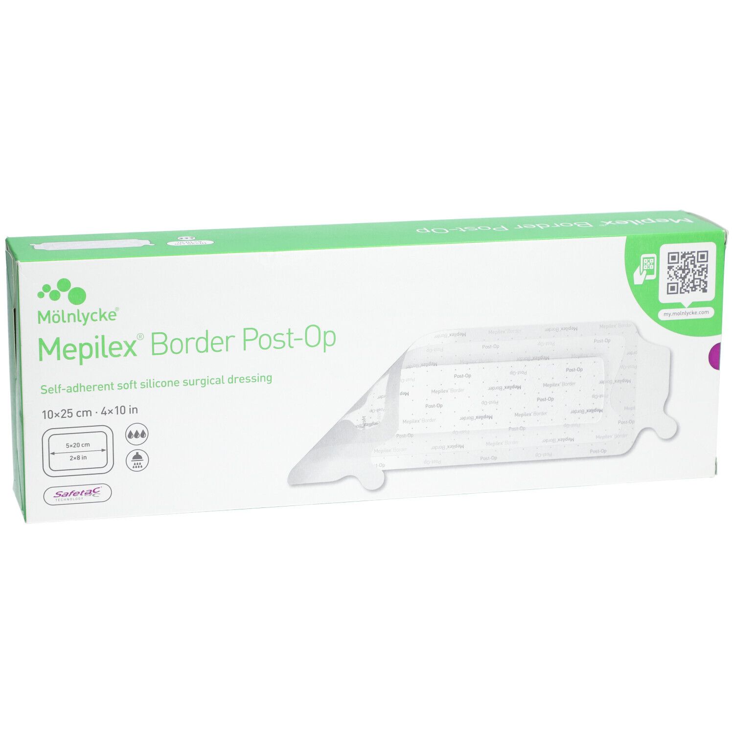 Emballage Mepilex® Border Post-Op. Boîte blanche et verte avec vue du produit. Dimensions : 10x25 cm.