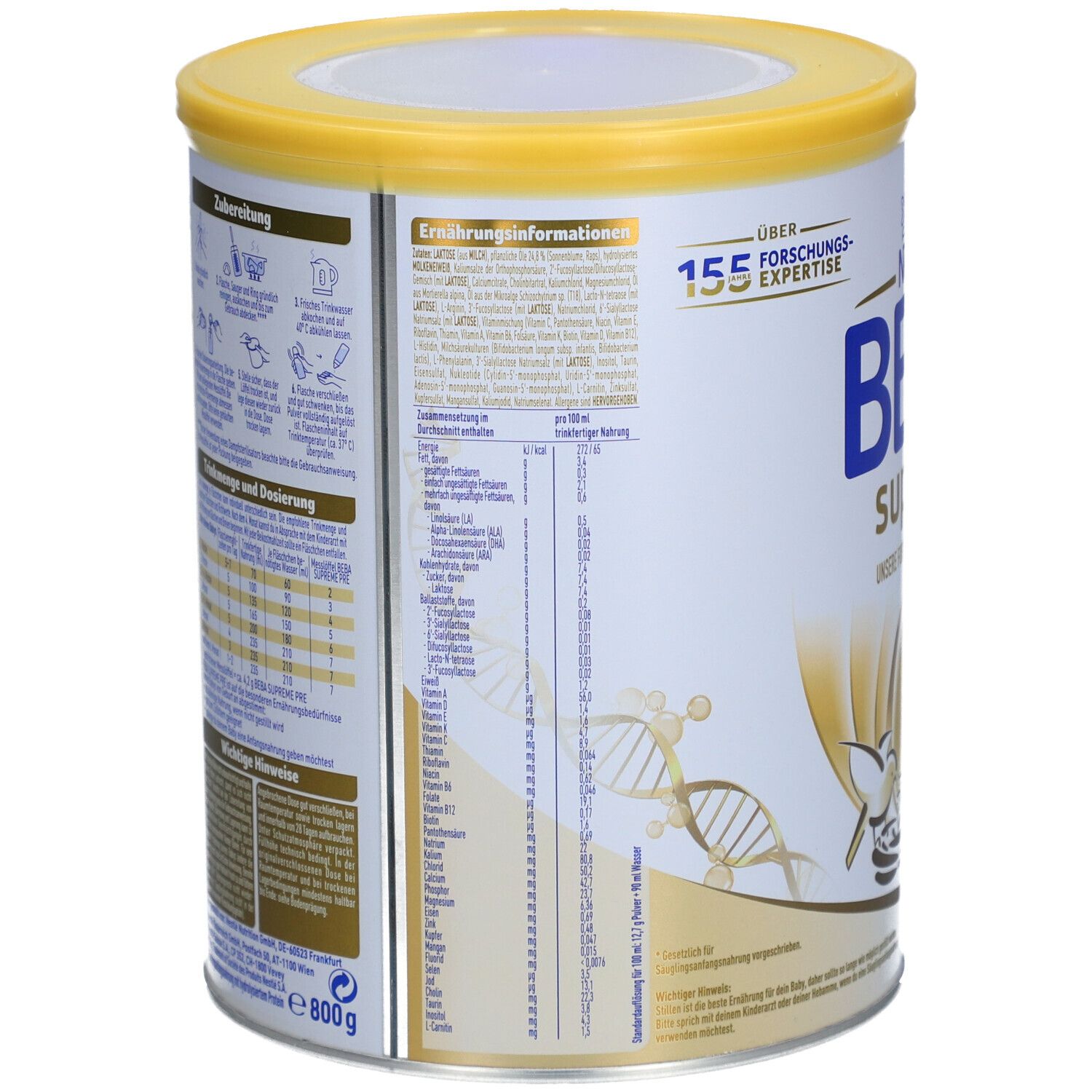 Nestlé BEBA Supreme Pre-Dose, Rückseite mit Nährwertangaben und Zubereitungshinweisen. Gelber Deckel, 800g. Über 155 Forschungsexperten.