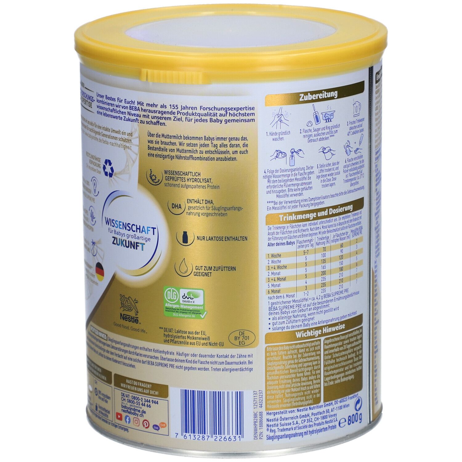 Nestlé BEBA Supreme Pre-Dose, Rückseite mit Zubereitungshinweisen und wissenschaftlichen Informationen. Gelber Deckel, 800g. Gut für die Zukunft.