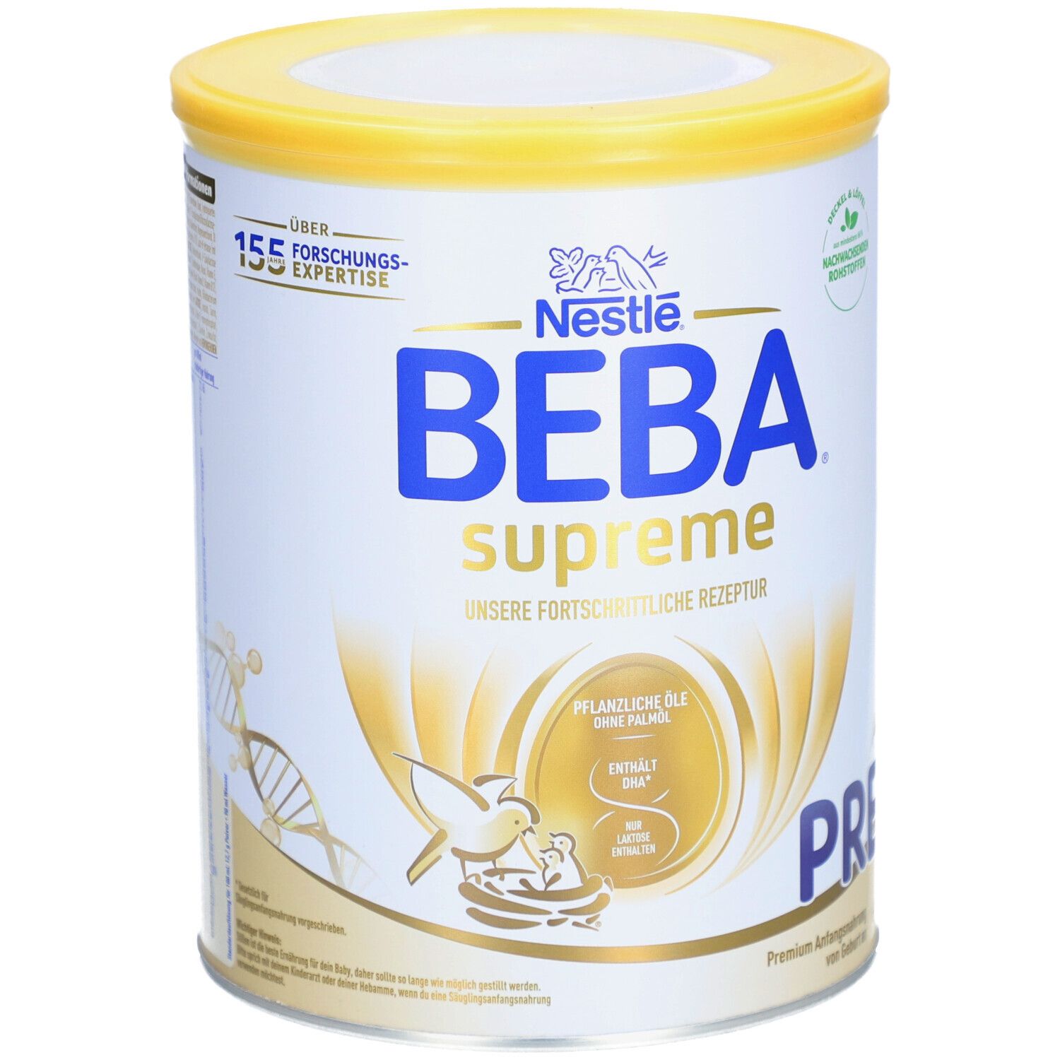 Nestlé BEBA Supreme Pre, Dose mit gelbem Deckel. Aufschrift: BEBA Supreme, PRE. Enthält pflanzliche Öle, ohne Palmöl. 800g.