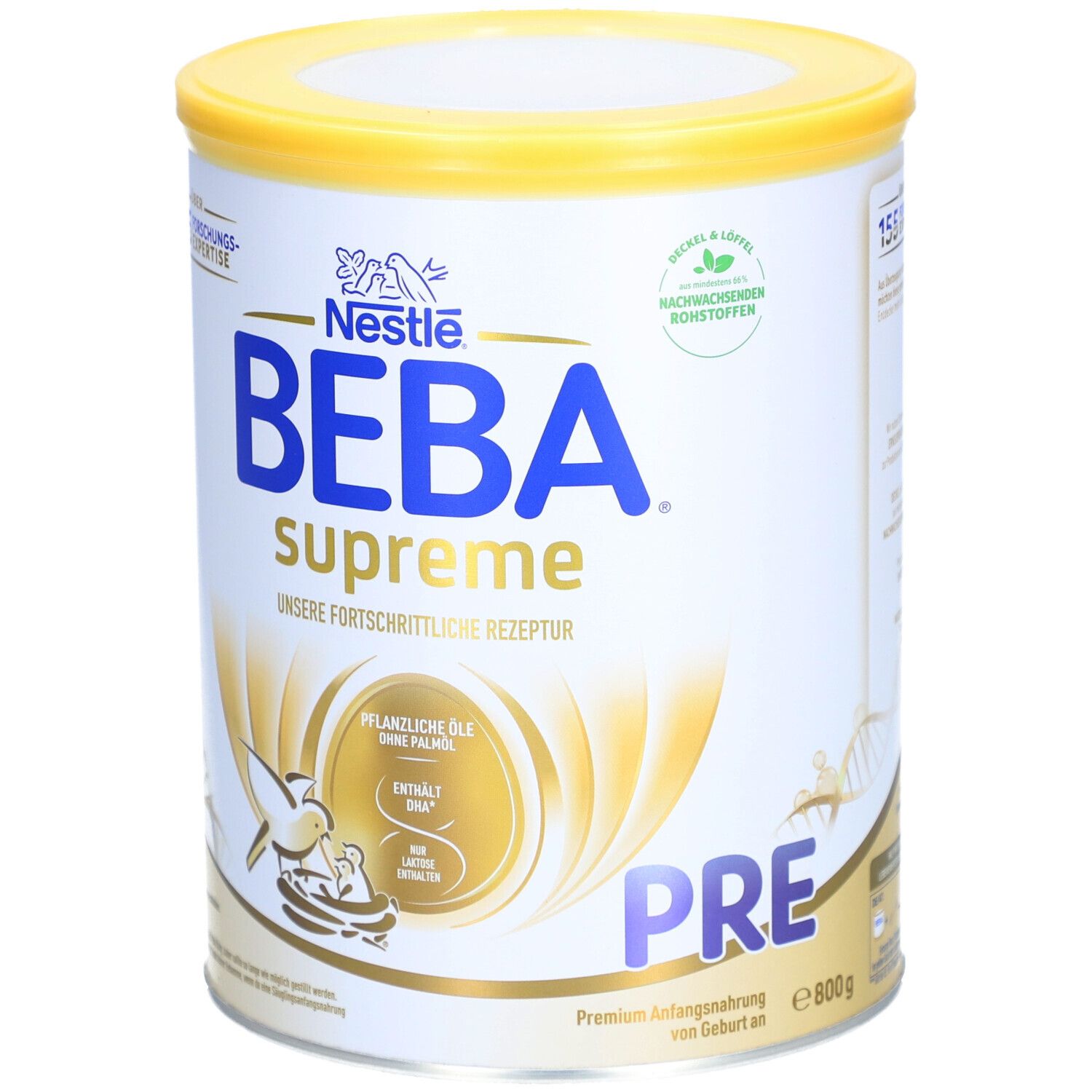Nestlé BEBA Supreme Pre, Dose mit gelbem Deckel. Aufschrift: BEBA Supreme, PRE. Enthält pflanzliche Öle, ohne Palmöl. 800g.