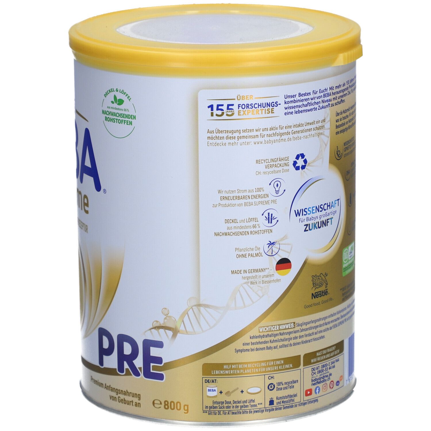 Nestlé BEBA Supreme Pre-Dose, Rückseite mit Informationen. Gelber Deckel, 800g. Über 155 Forschungsexperten. Hergestellt in Deutschland.