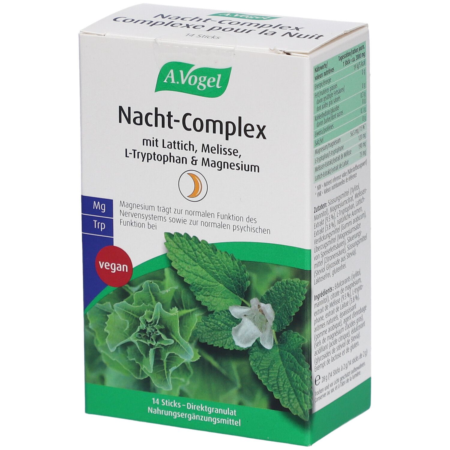 Karton mit A.Vogel Nacht-Complex. Enthält Lattich, Melisse, L-Tryptophan & Magnesium. Vegan. 14 Sticks Direktgranulat.