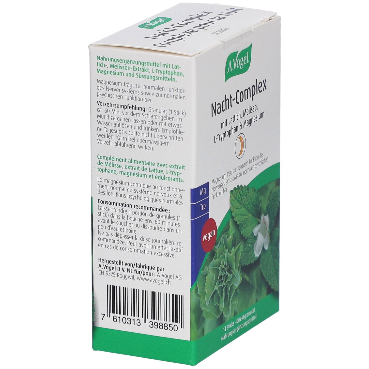 Karton von A.Vogel Nacht-Complex, schräg. Enthält Lattich, Melisse, L-Tryptophan & Magnesium. Vegan. Text und Inhaltsstoffe.