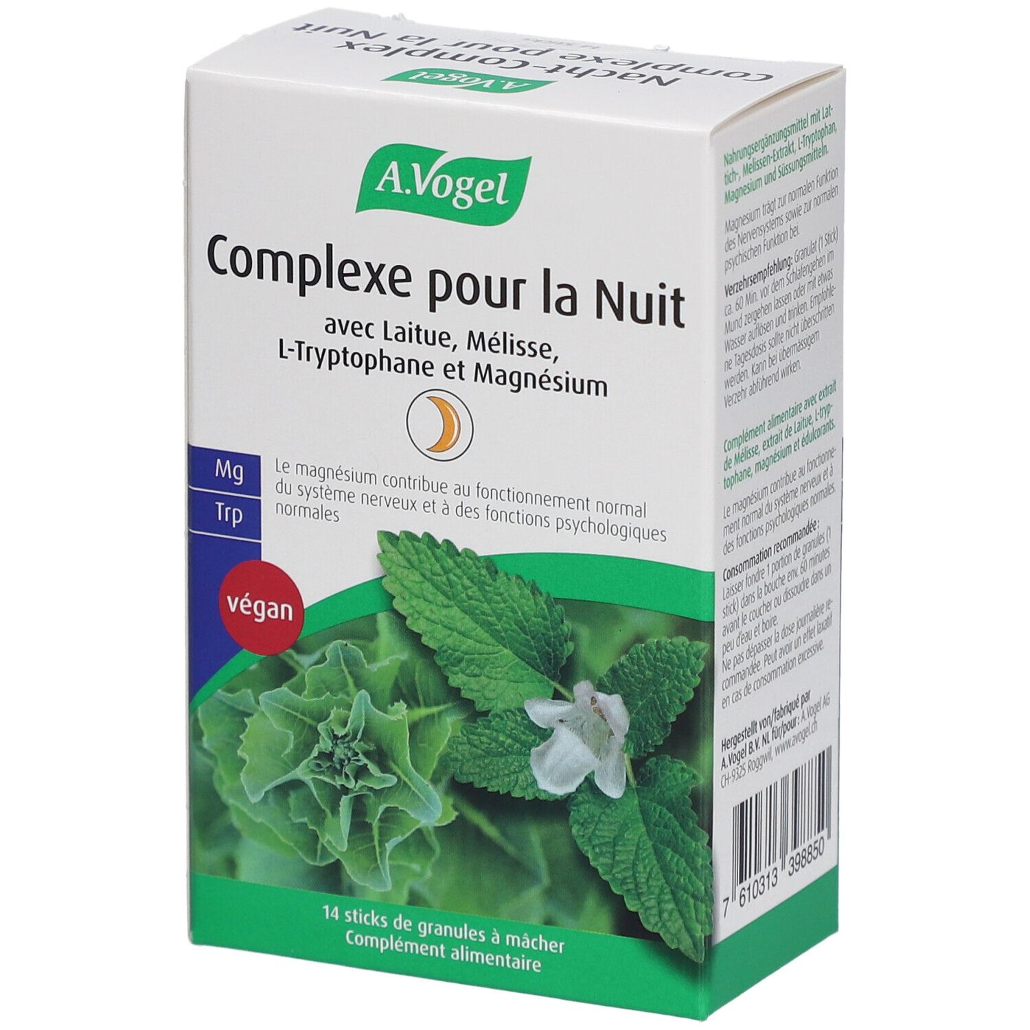 Karton von A.Vogel Complex pour la Nuit. Enthält Lattich, Melisse, L-Tryptophan & Magnesium. Vegan. 14 Sticks.