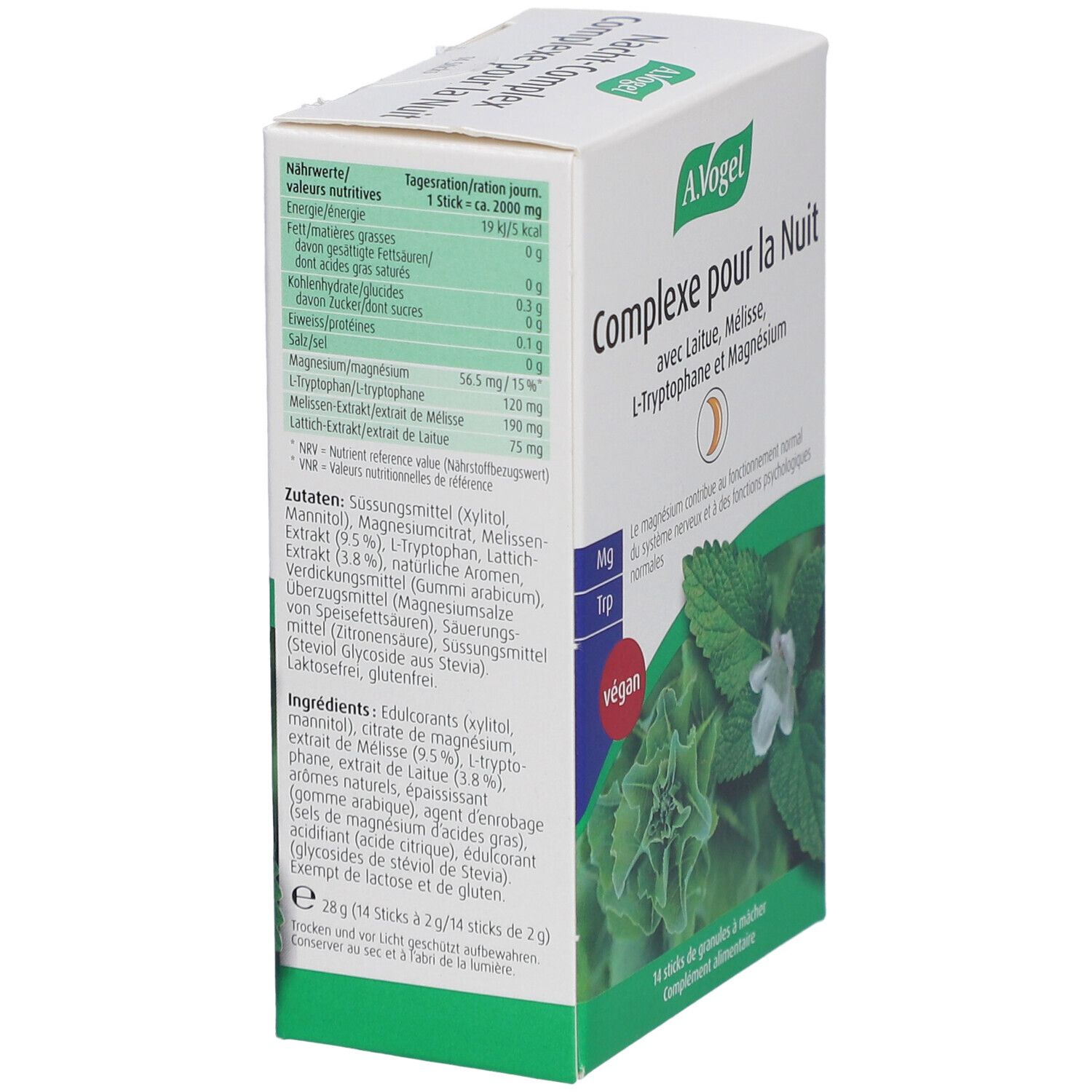 Karton von A.Vogel Complex pour la Nuit, schräg. Enthält Lattich, Melisse, L-Tryptophan & Magnesium. Inhaltsstoffe.