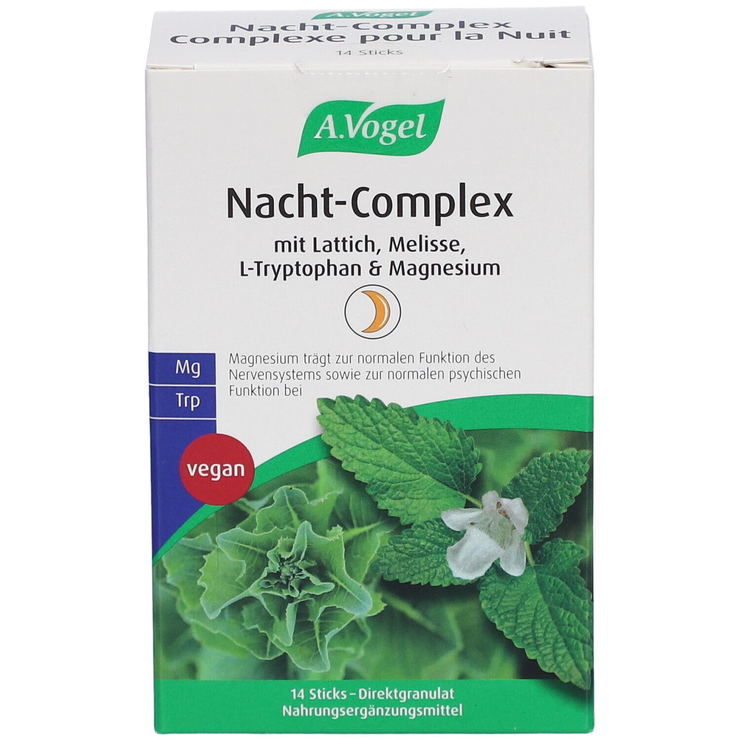 Karton mit A.Vogel Nacht-Complex. Enthält Lattich, Melisse, L-Tryptophan & Magnesium. Vegan. 14 Sticks Direktgranulat.