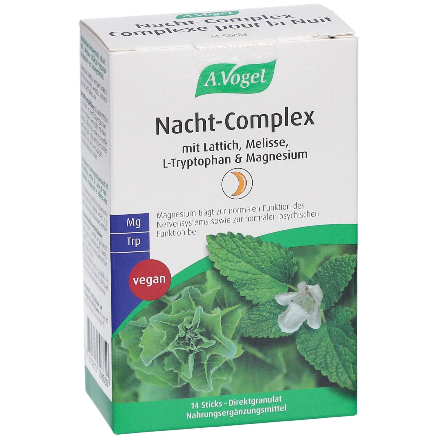 Karton mit A.Vogel Nacht-Complex. Enthält Lattich, Melisse, L-Tryptophan & Magnesium. Vegan. 14 Sticks Direktgranulat.