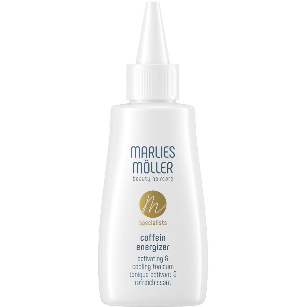 Weiße Flasche mit spitzem Applikator. Aufschrift: Marlies Möller, Coffein Energizer. Goldfarbenes Logo.