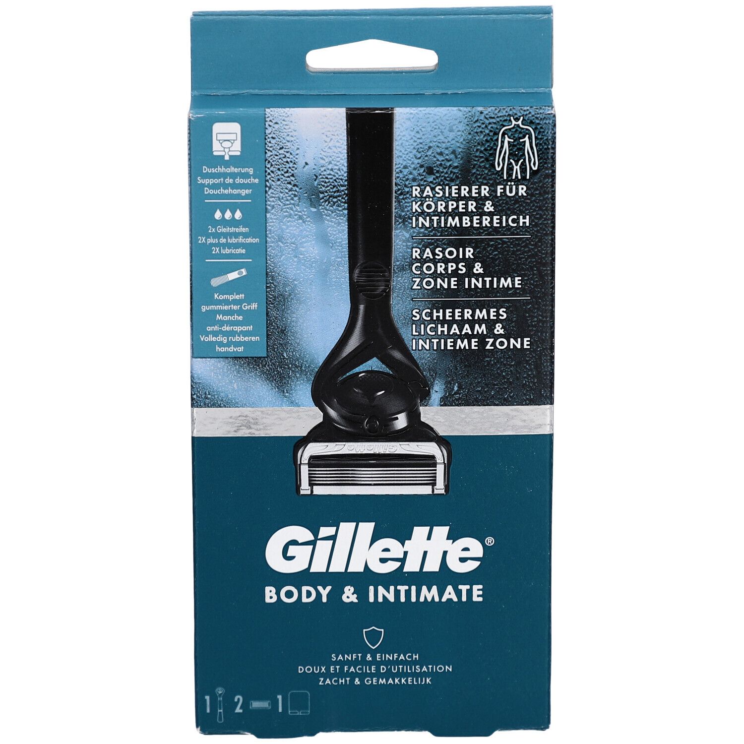 Verpackung mit Rasierer. Text: Gillette Body & Intimate. Enthält Rasierer für Körper & Intimbereich.