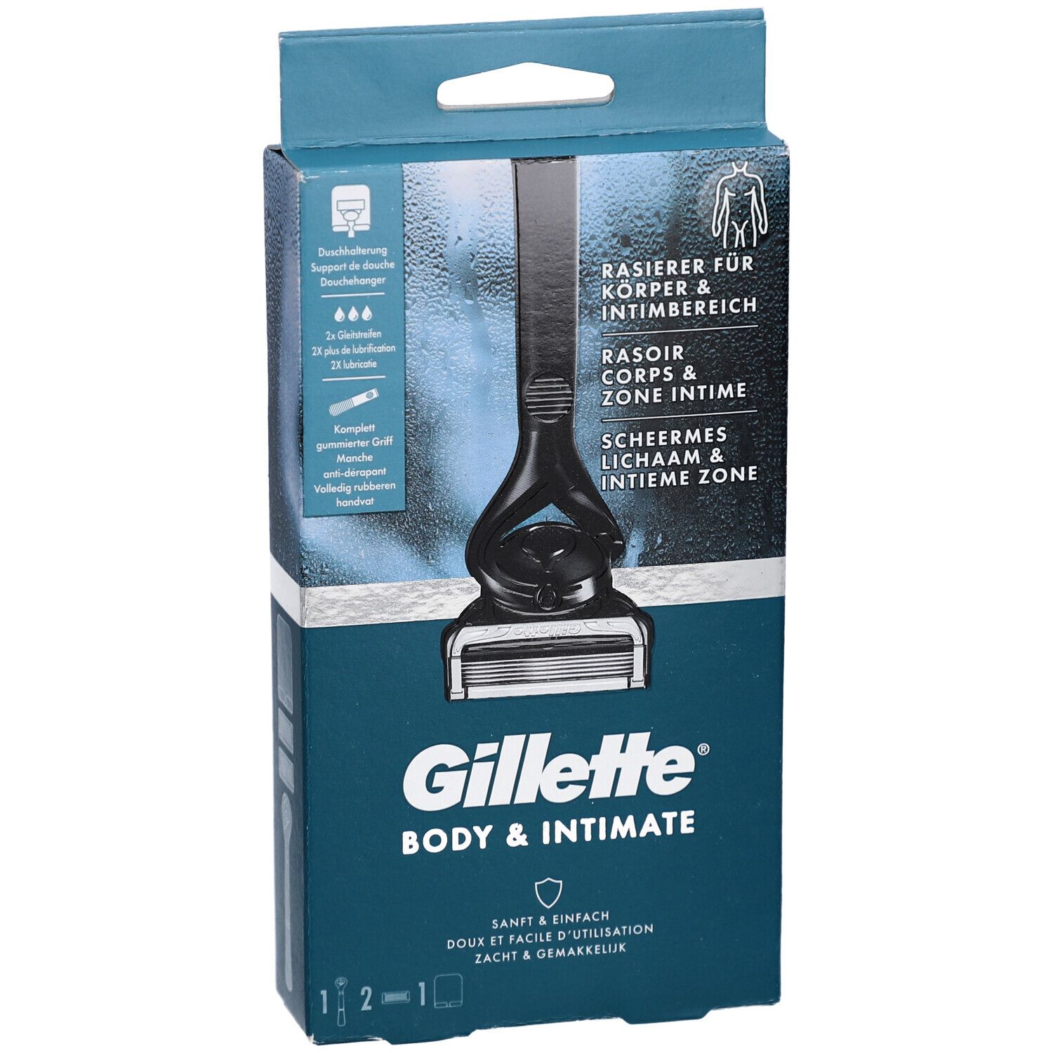 Verpackung mit Rasierer. Text: Gillette Body & Intimate. Enthält Rasierer für Körper & Intimbereich.