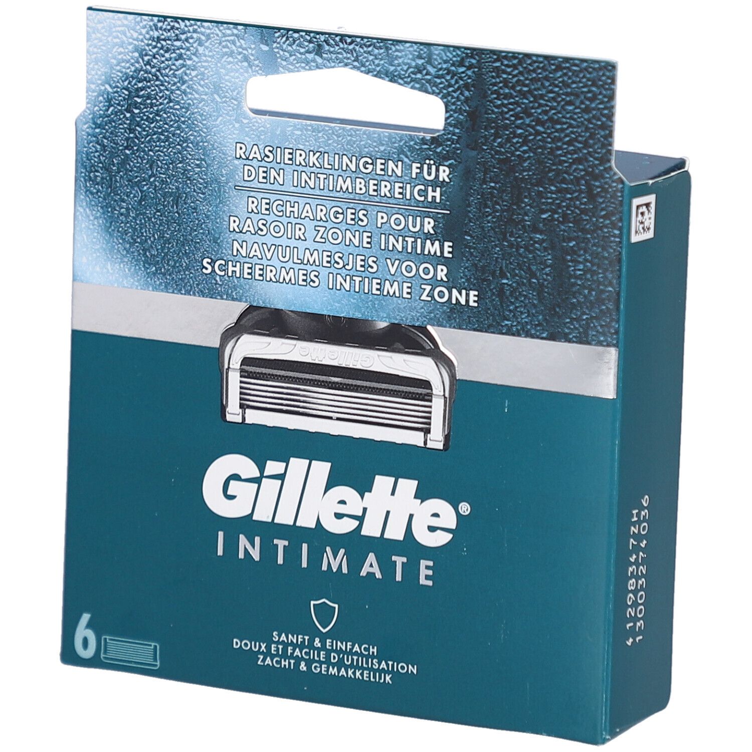 Packung mit 6 Rasierklingen. Text: Gillette Intimate. Sanft & einfach. Türkis-farbene Verpackung mit Produktabbildung.